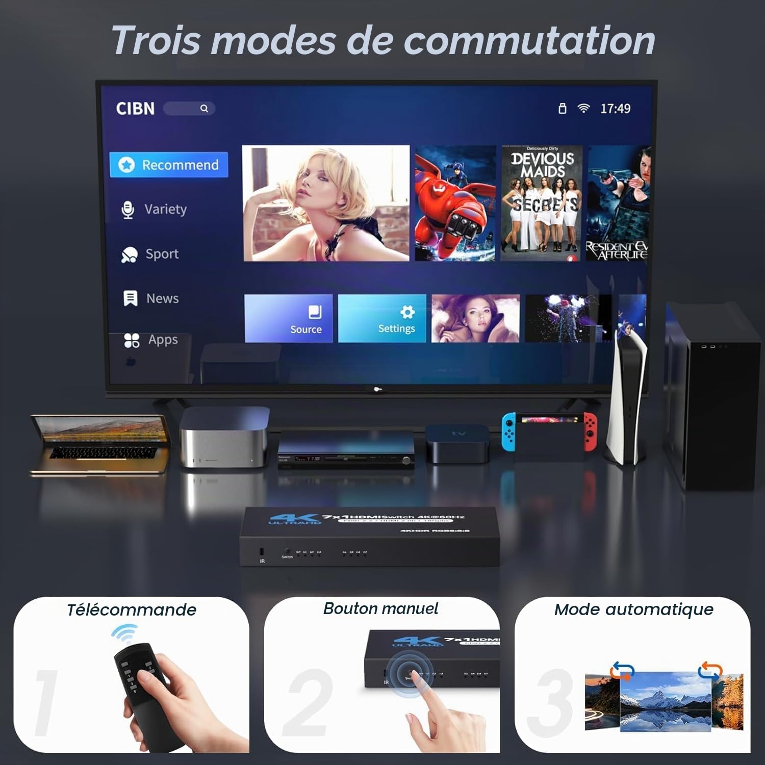 HDMI Switch 7 in 1 Out 4K@ 60Hz HDMI 2.0 Commutateur 7 Port HDMI Selector Box with IR Télécommande Soutien HDCP 2.2 HDR10 3D 18Gbps Dolby Vision/Panorama Sound pour Xbox PS5/4 Roku HDTV Monitor
