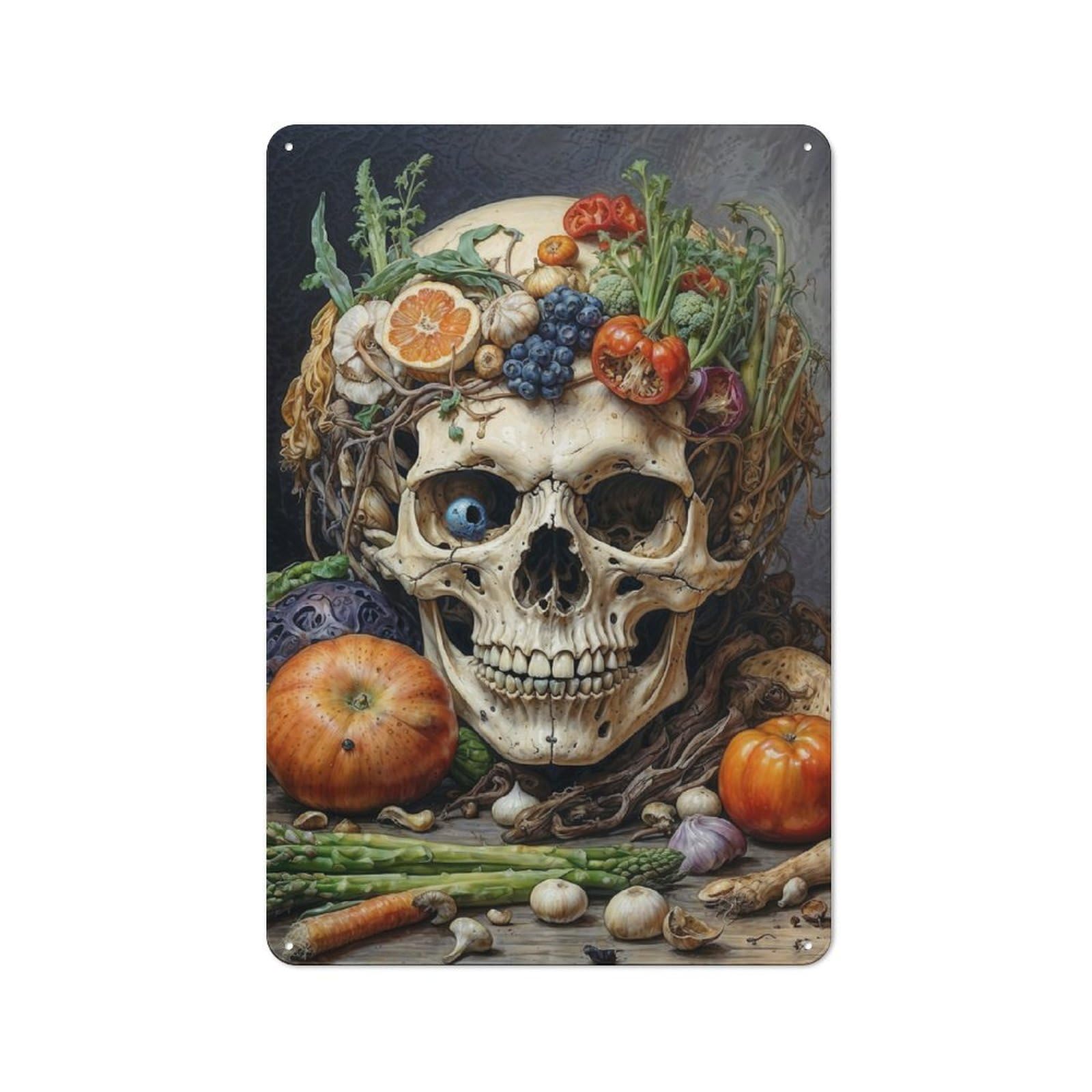 Junmoney Asparagus Skull Still Life Metal Sign 30X20cm With For Hallway Wall, Vintage Decor, For Garage, Workshop And Man Cave Decoration