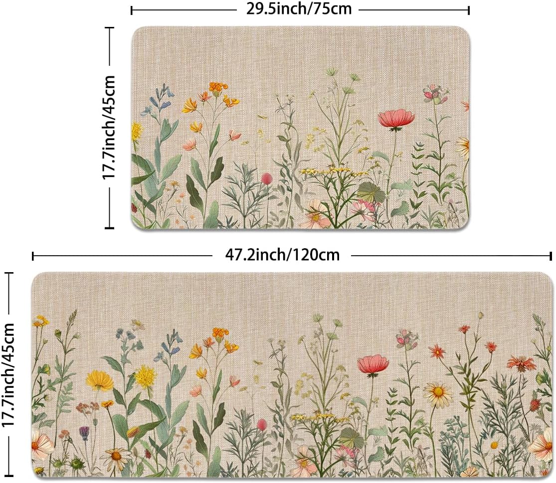 Wildflower Floral Kitchen Rugs Set of 2- Cotton Linen Blend Floor Mats(17.7''x29.5''+17.7''x47'') - Washable Non-Slip Kitchen Mats for Home Office Bedroom Bathroom Laundry