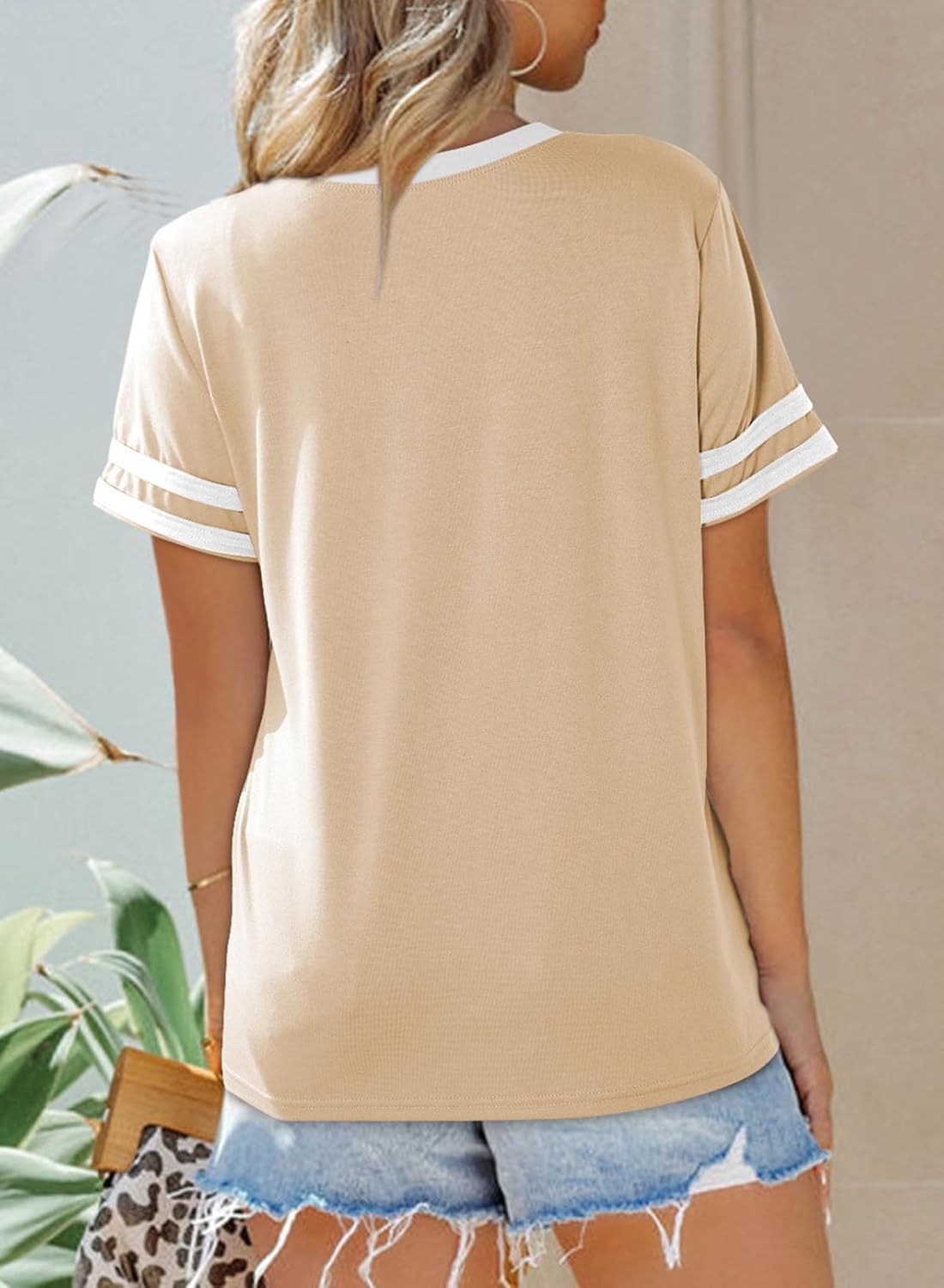 SHEWIN Women's Fashion Casual Crewneck Color Block T Shirts Short Sleeve Summer Tops Tees Slim Fit - Image 2