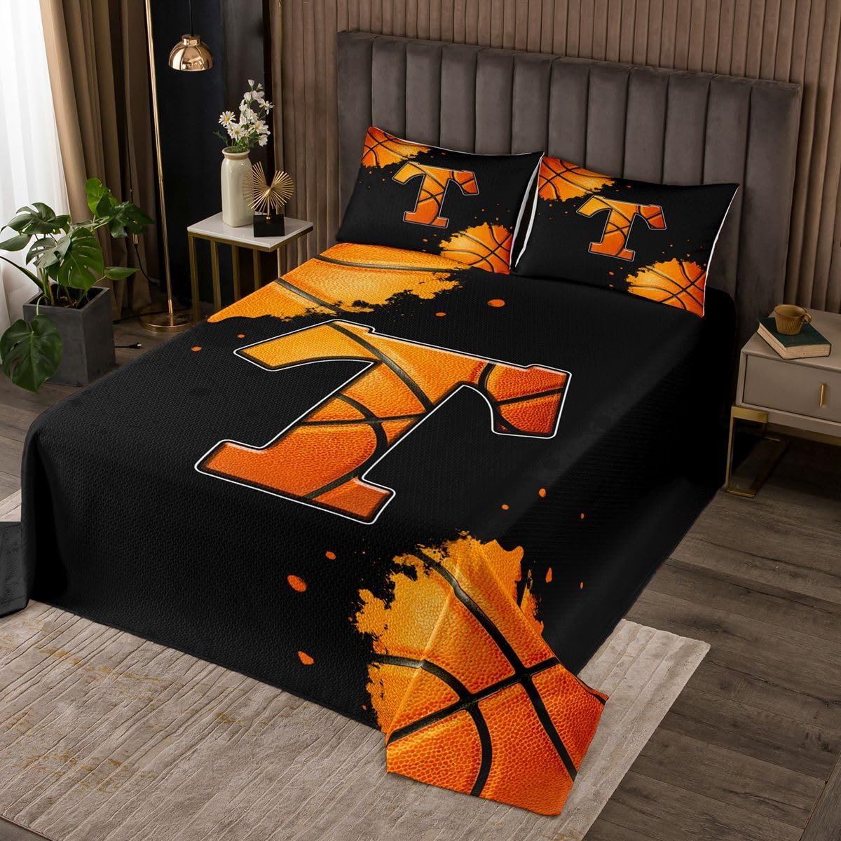 jejeloiu Basketball Initials T Bedspread 3 Pieces Queen Size Sports Ball Games Coverlet Set Soft Cozy Alphabet Letter Lightweight Quilted Coverlet for All Season with 2 Pillowcases