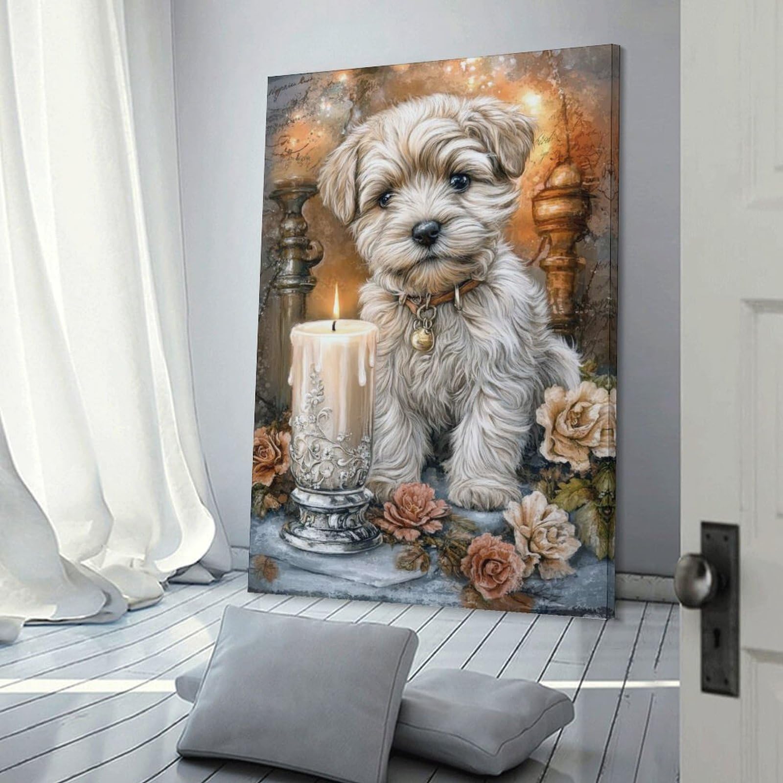 Junmoney Frame-Style-3-1 Cute Puppy With Candle And Roses Decorative Wall Artwork, 16X24inch(40X60cm), For Home Lounge, Bedroom Or Reading Nook, Easy Decor For Gallery Walls