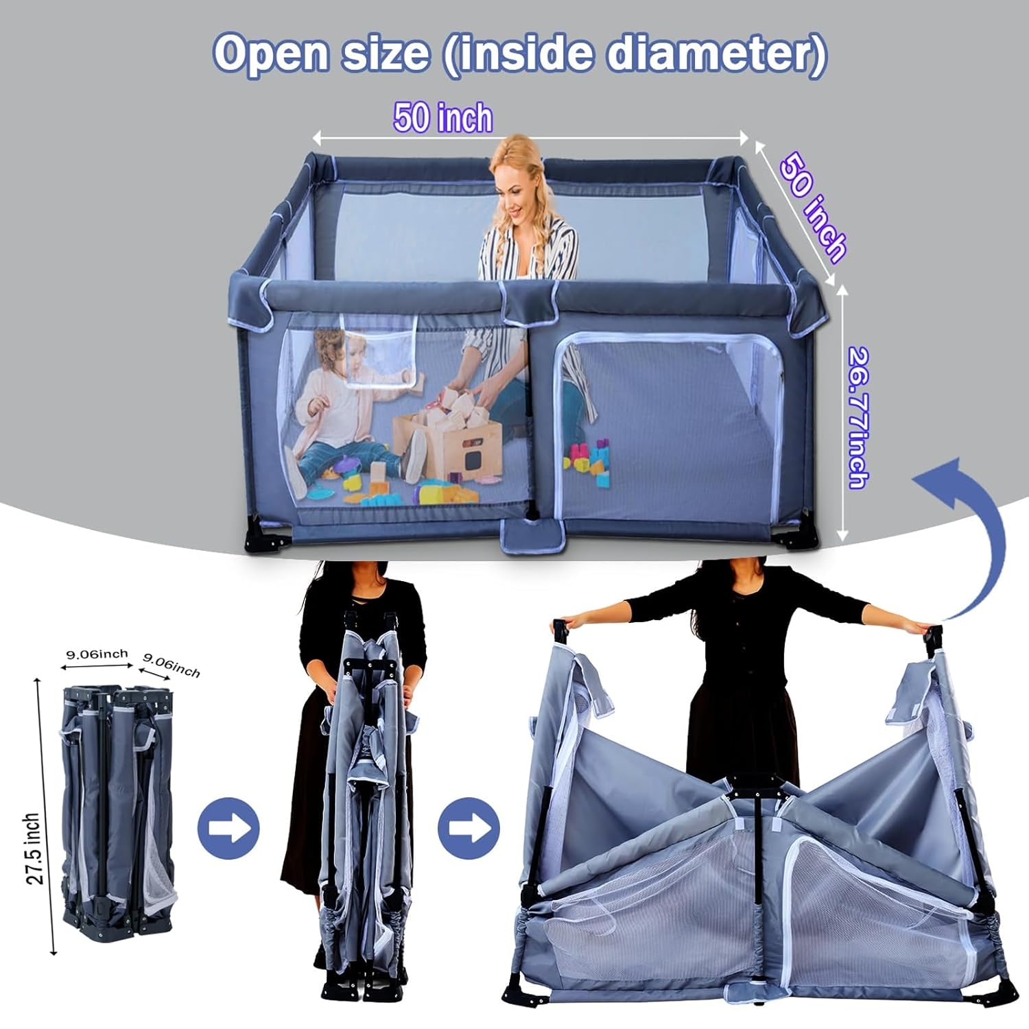 Foldable Baby Playpen 50X50,Play Pen for Babies and Toddlers, Portable Playpen, Kids Collapsible Play Pen, Indoor & Outdoor Baby Fence with Visible Mesh,Safety Area Travel Play Yard with mat (Grey)