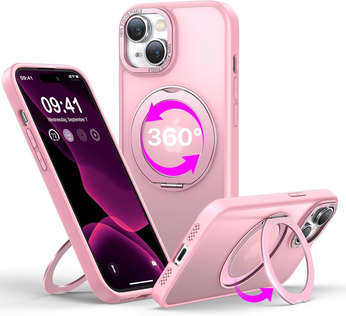 Magnetic for iPhone 15 Case (Compatible with MagSafe), Full Camera Protection, Translucent Matte Shockproof Phone Cover with Ring Holder, Slim & Tough,Pink
