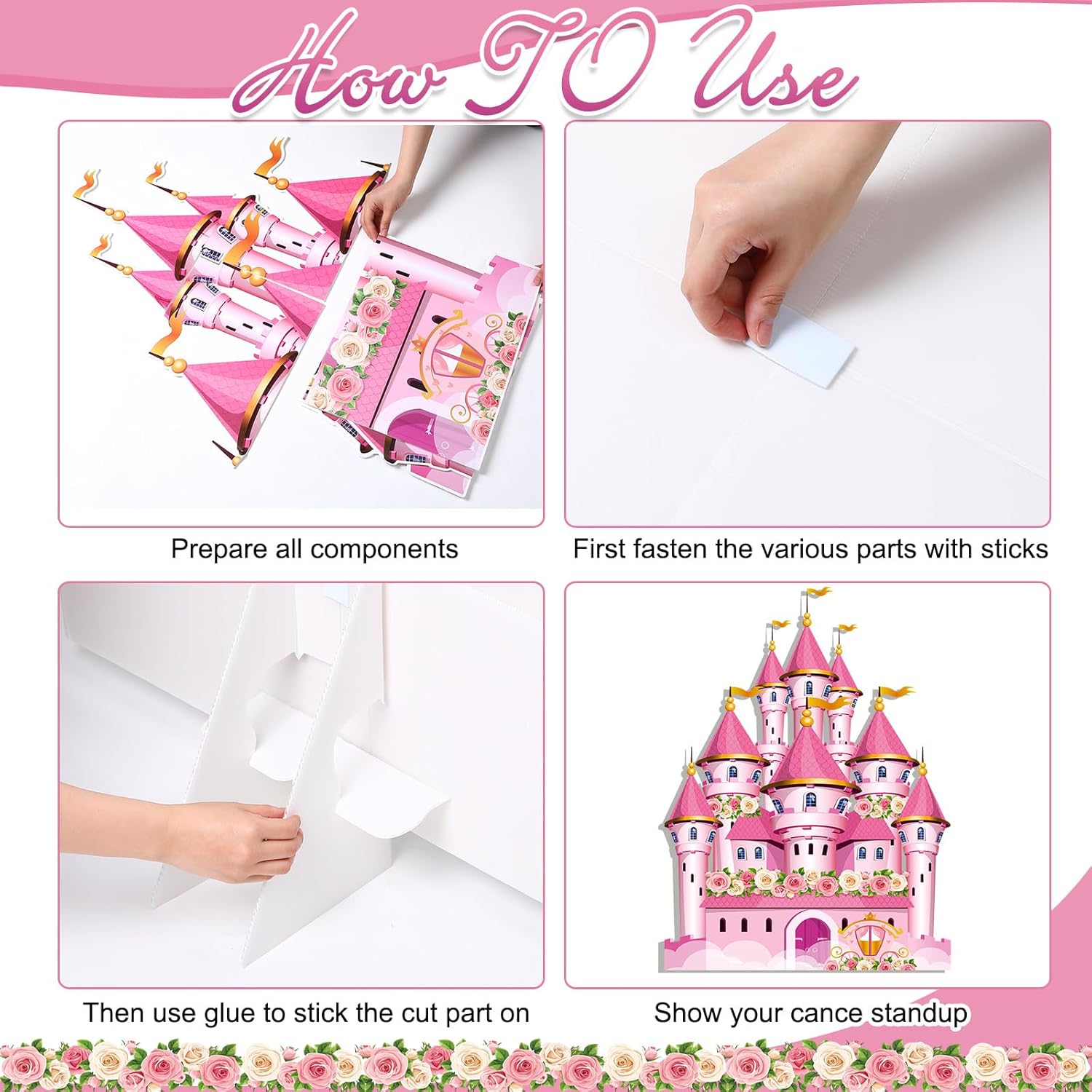 Yinkin Pink Princess Cardboard Castle Cutout Stand up 4ft Tall Princess Castle Party Decoration Waterproof Royal Fairytale Floral Photo Booth Prop for Pink Bridal Shower Birthday Party Decor