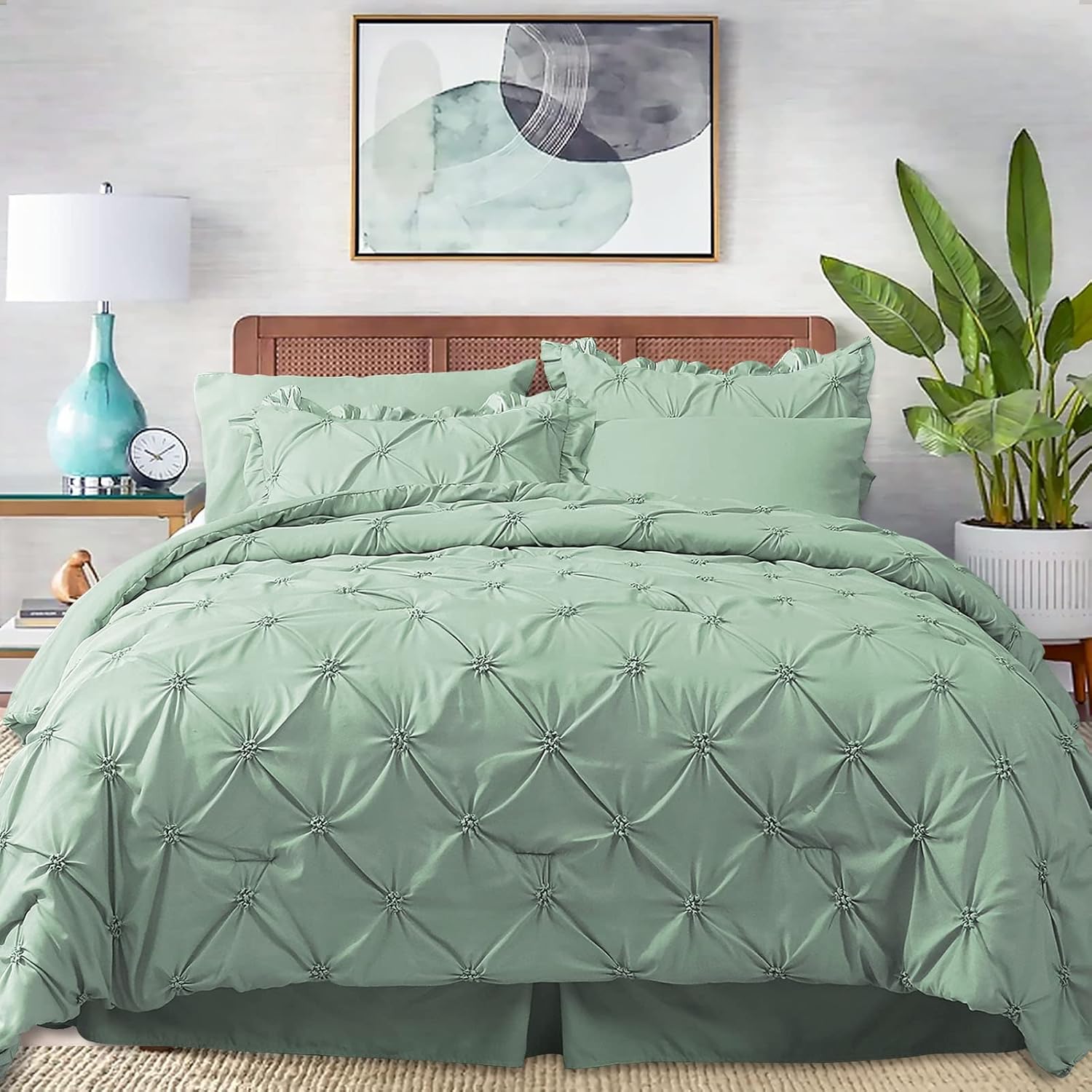 JOLLYVOGUE Queen Comforter Set 7 Pieces, Green Bed in a Bag Comforter Set for Bedroom, Bedding Comforter Sets with Comforter, Sheets,Ruffled Shams & Pillowcases - Image 4