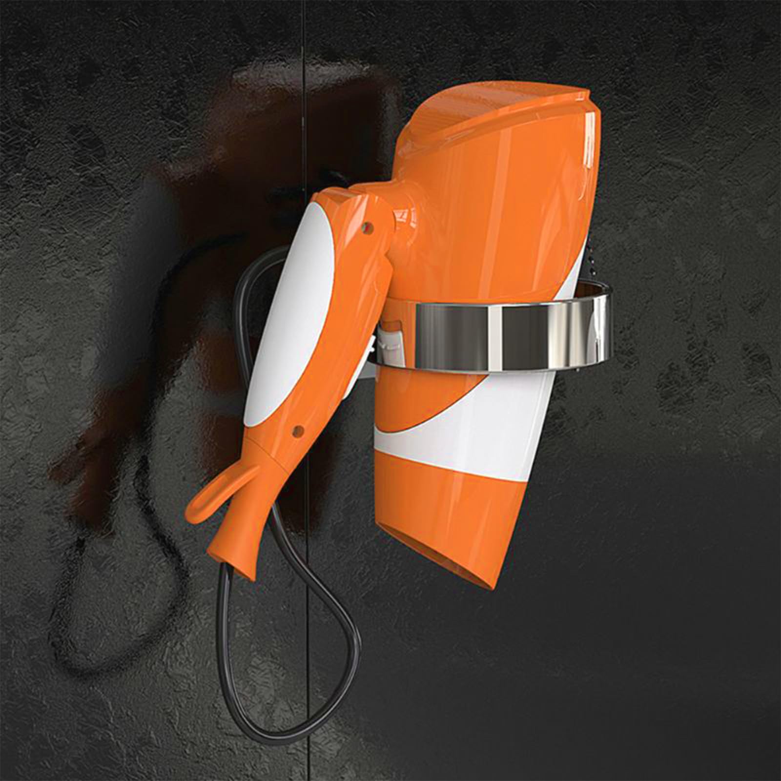 Porta Asciugacapelli A Parete, Forte, Senza Fori, In ABS E Acciaio, Cromo, Nero, Con Adesivo - 2