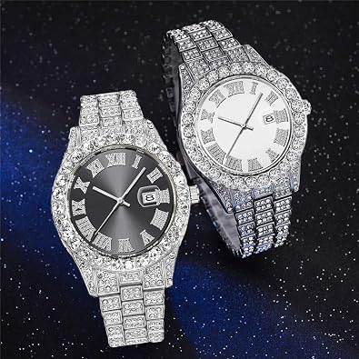 Luxury Mens Crystal Watch Quartz Analog Watch Big Face Diamond Bracelet