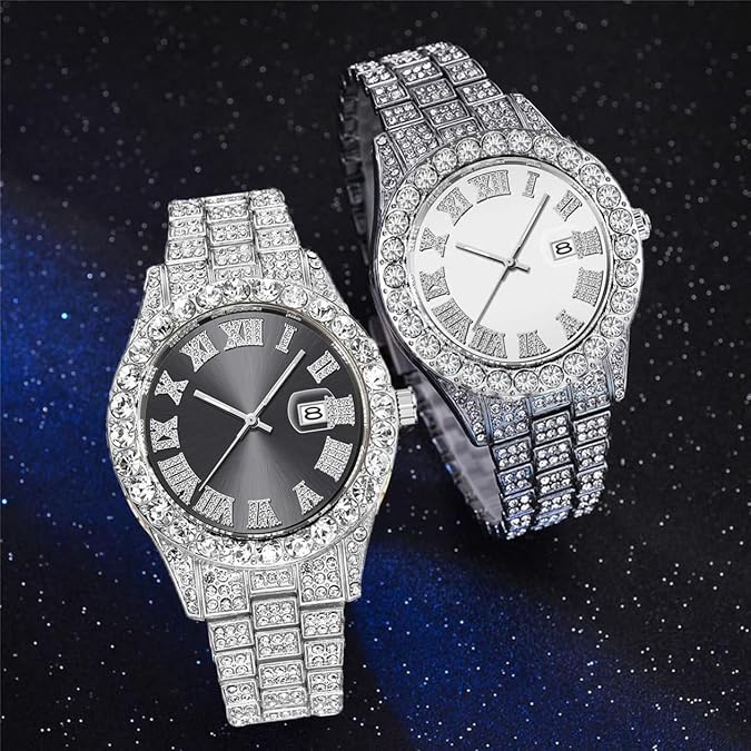 Luxury Mens Crystal Watch Quartz Analog Watch Big Face Diamond Bracelet