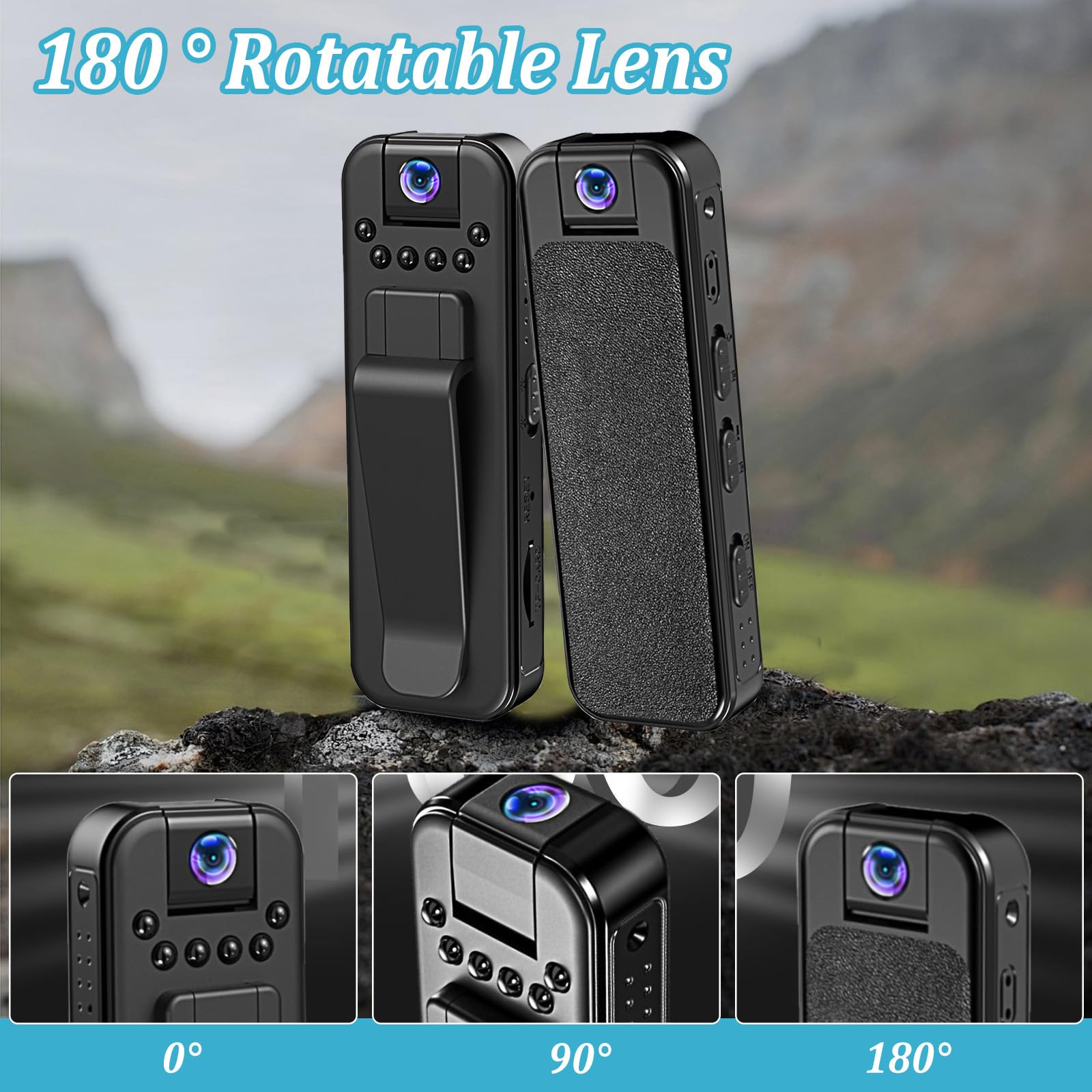 Bodycam - Cámara corporal de 1080P con tarjeta TF de 32 GB y objetivo giratorio de 180°, grabación de audio y vídeo, cámara de bolsillo portátil con visión nocturna para viajes y actividades al aire