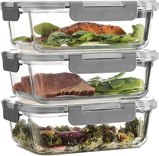 G2J BROTHERS® 3 Piece Glass Meal Prep Containers,Glass Food Storage