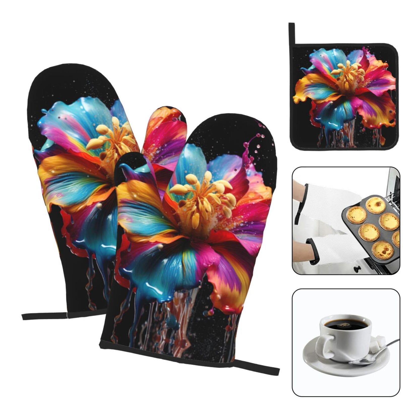 Lot De 3 Gants De Cuisine Et Maniques Résistants à La Chaleur Motif Fleurs Rouges Et Roses