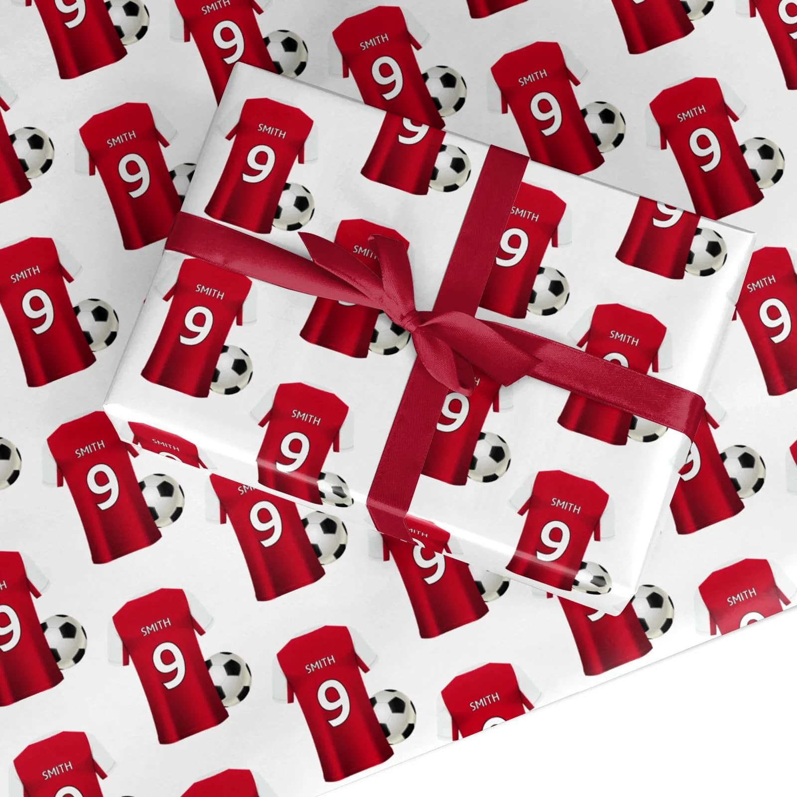 Red White Personalised Football Shirt Wrapping Paper Custom Birthday Gift Wrap - For Him Mens Dad Father's Day Christmas Boys Kids Adult - Any Name & Number - Small Roll (50cm x 2.2m)