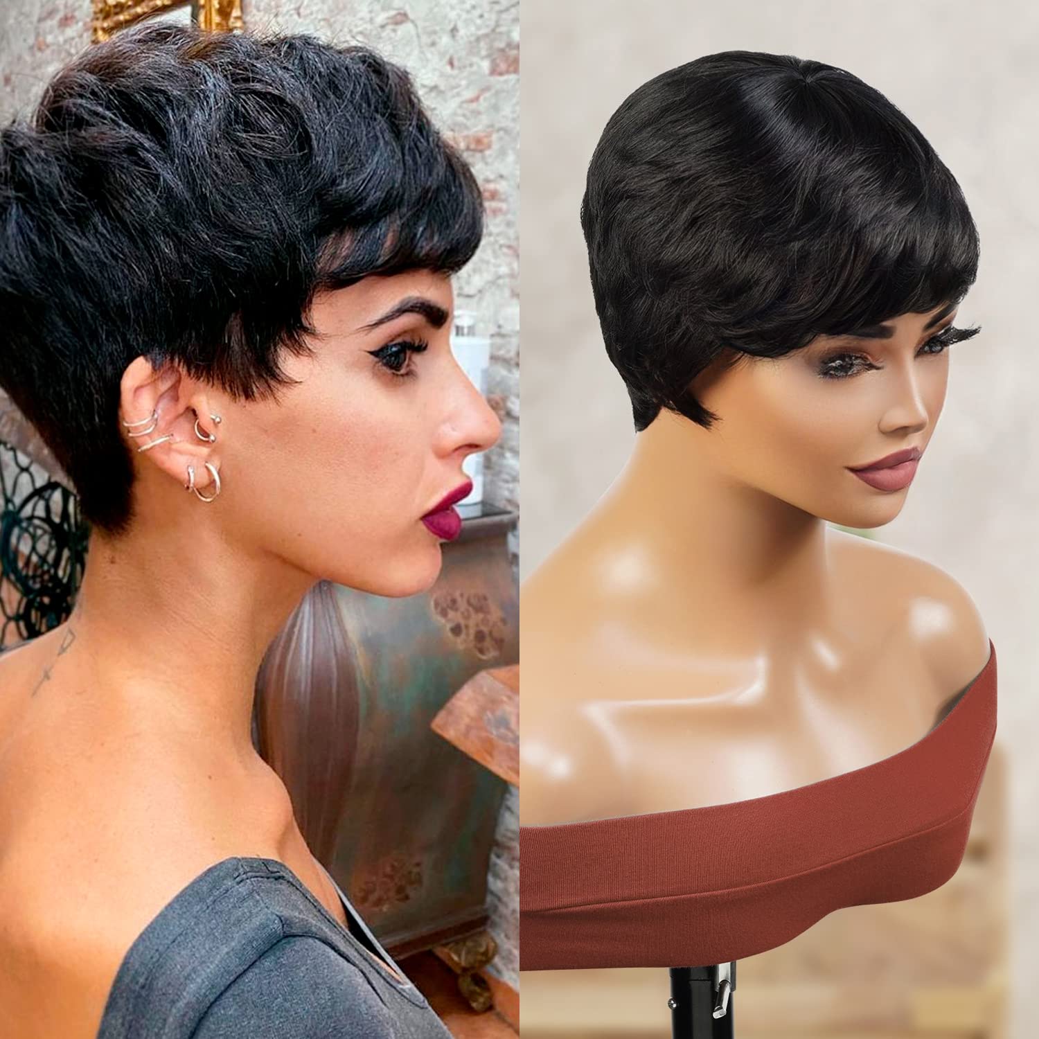 INSTANT FAB Short Human Hair Wigs Pixie Cut Wigs for Black Women Short Pixie Hairstyles Layered Wavy Non Lace Front Wigs - JET (NATURAL)