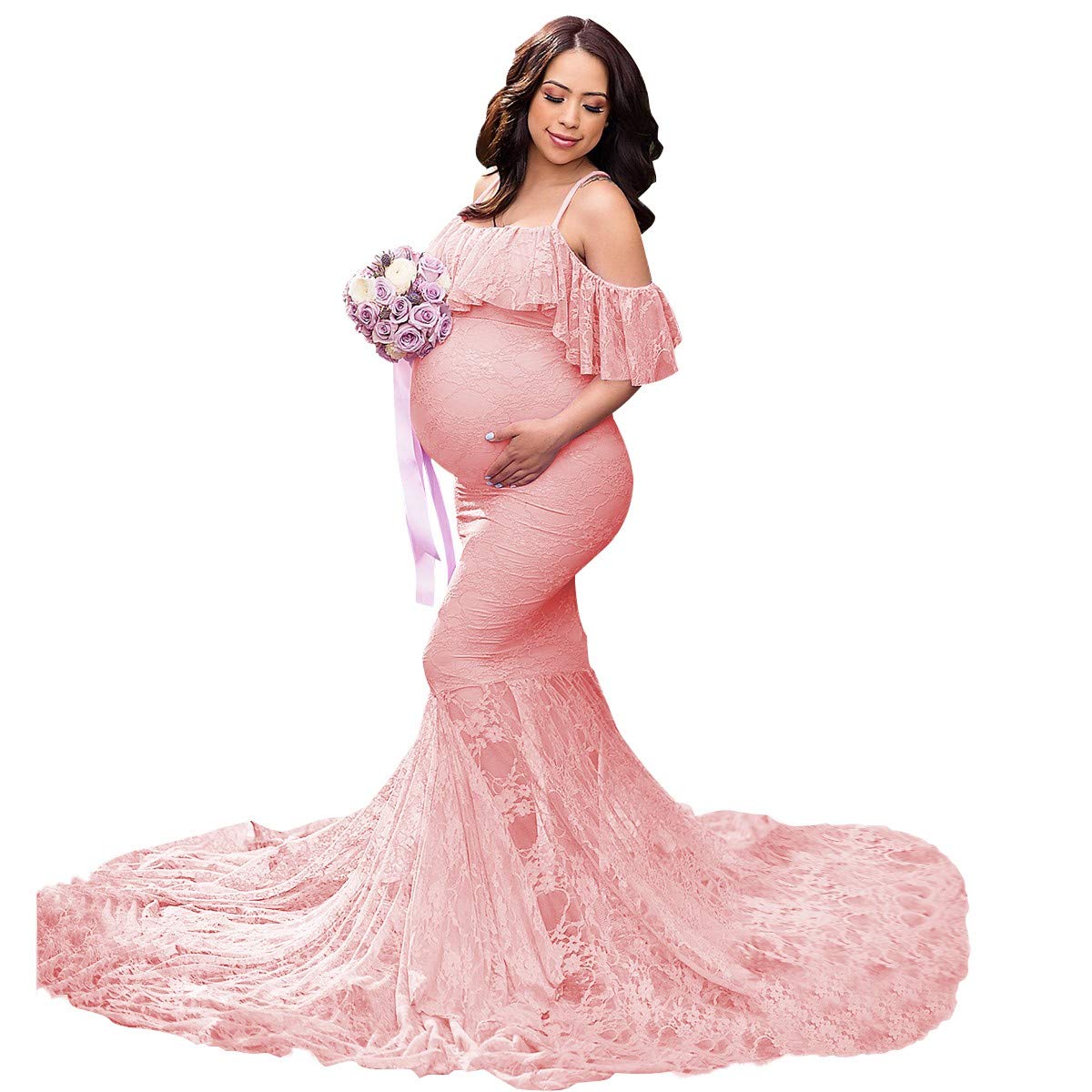 MYRISAM Women Maternity Lace Mermaid Gown Off Shoulder Ruffle Slim Fitted Photo Shoot Wedding Party Prom Baby Shower Dress
