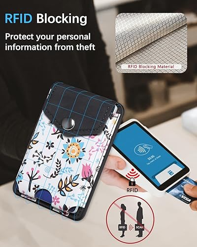 Miniatura 6 de LINYUNE Cartera Magsafe de Apple, tarjetero de cuero con patrón floral Fuerza súper magnéticaHasta 5 tarjetas Bloqueo RFID Cartera segura para