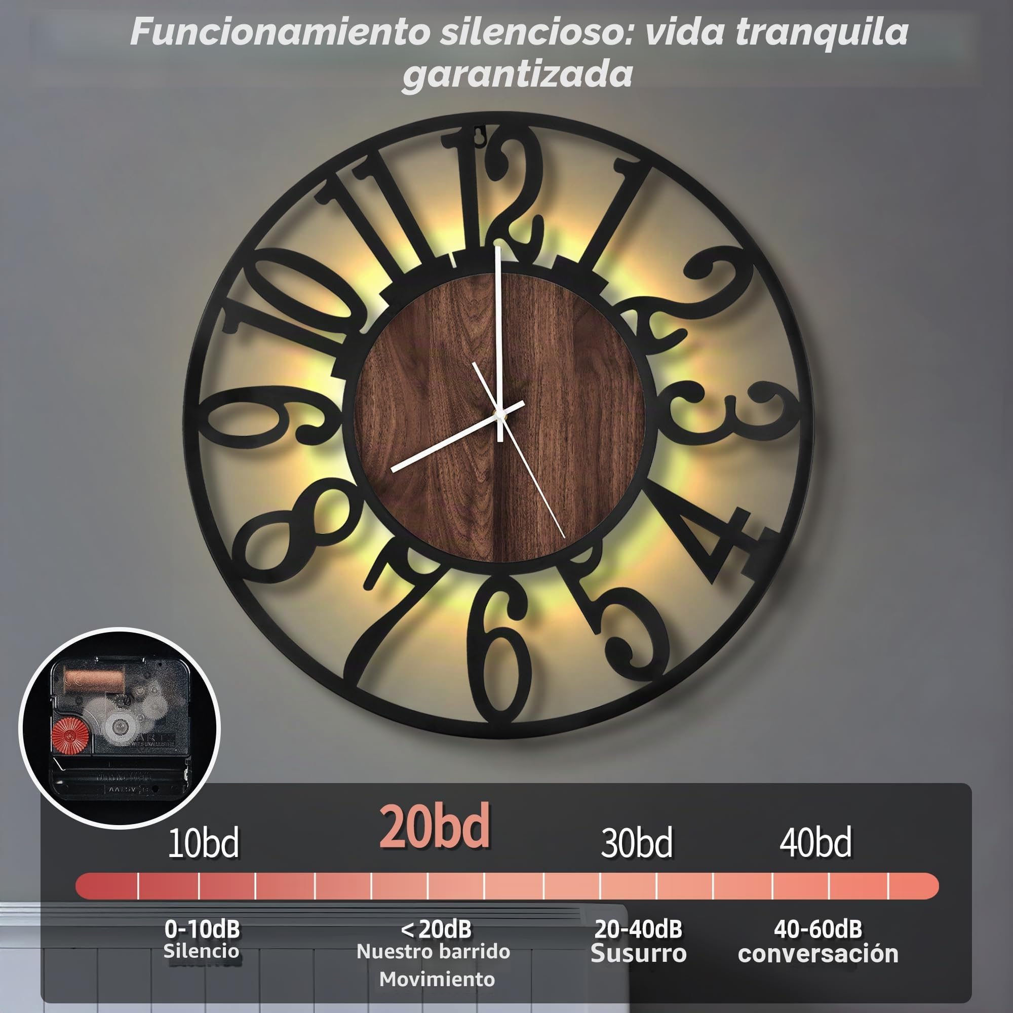 Maxstar Reloj de Pared 80CM para Salón a Pilas, Silencioso, Estilo Madera Metal, LED Moderno Dormitorio/Oficina (Números Arábigos, Negro-32)