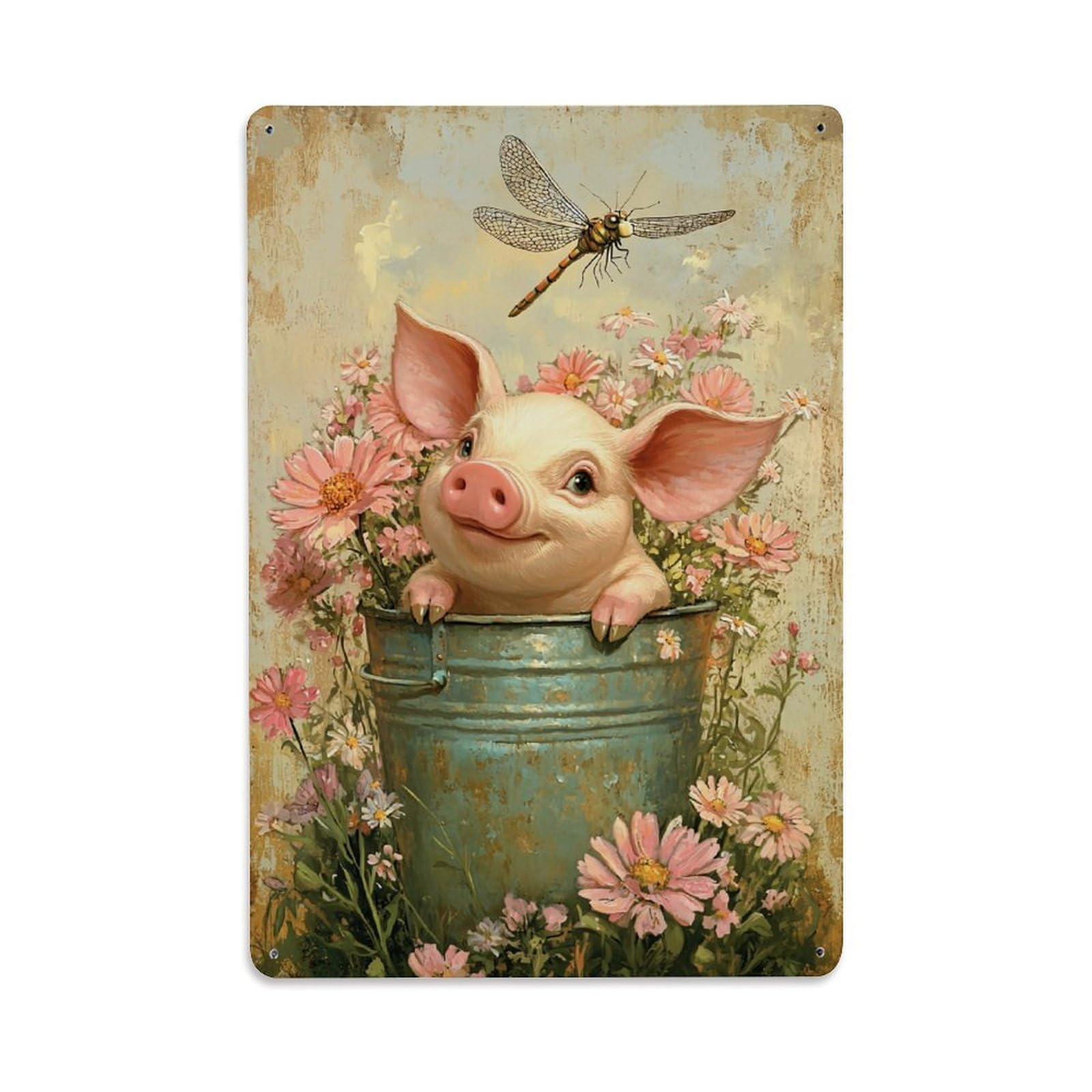 Jdfenggu Vintage Cute Pig In Bucket Flowers Retro Metal Tin Sign, Decor Art Poster For Bar, Home, Man Cave, Kitchen, Laundry Room Gift 8X12inch