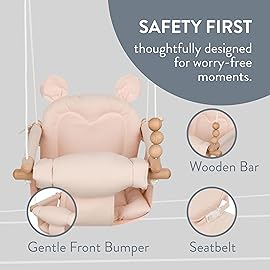 Monkey & Mouse Baby Swing, Pale Pink Indoor Outdoor Portable Hanging Chair - Infant & Toddler Kids 6 Months - 4 Years, Cotton Canvas & Beech Wood Frame, Sensory Hammock Boy & Girl Seat w/Wooden Toys