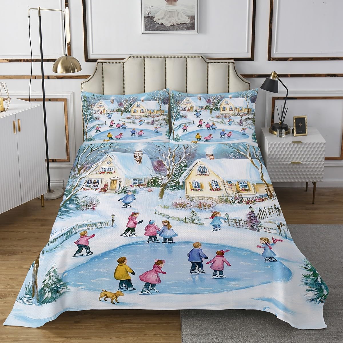 Erosebridal Winter Ski Queen Quilt Bedding Set,Winter Snow Bedspread Xmas Gifts for Kids Girls Boys Cute Christmas Home Decor,Skiing Themed Quilts Bed Set Rustic Country Coverlet 3Pcs