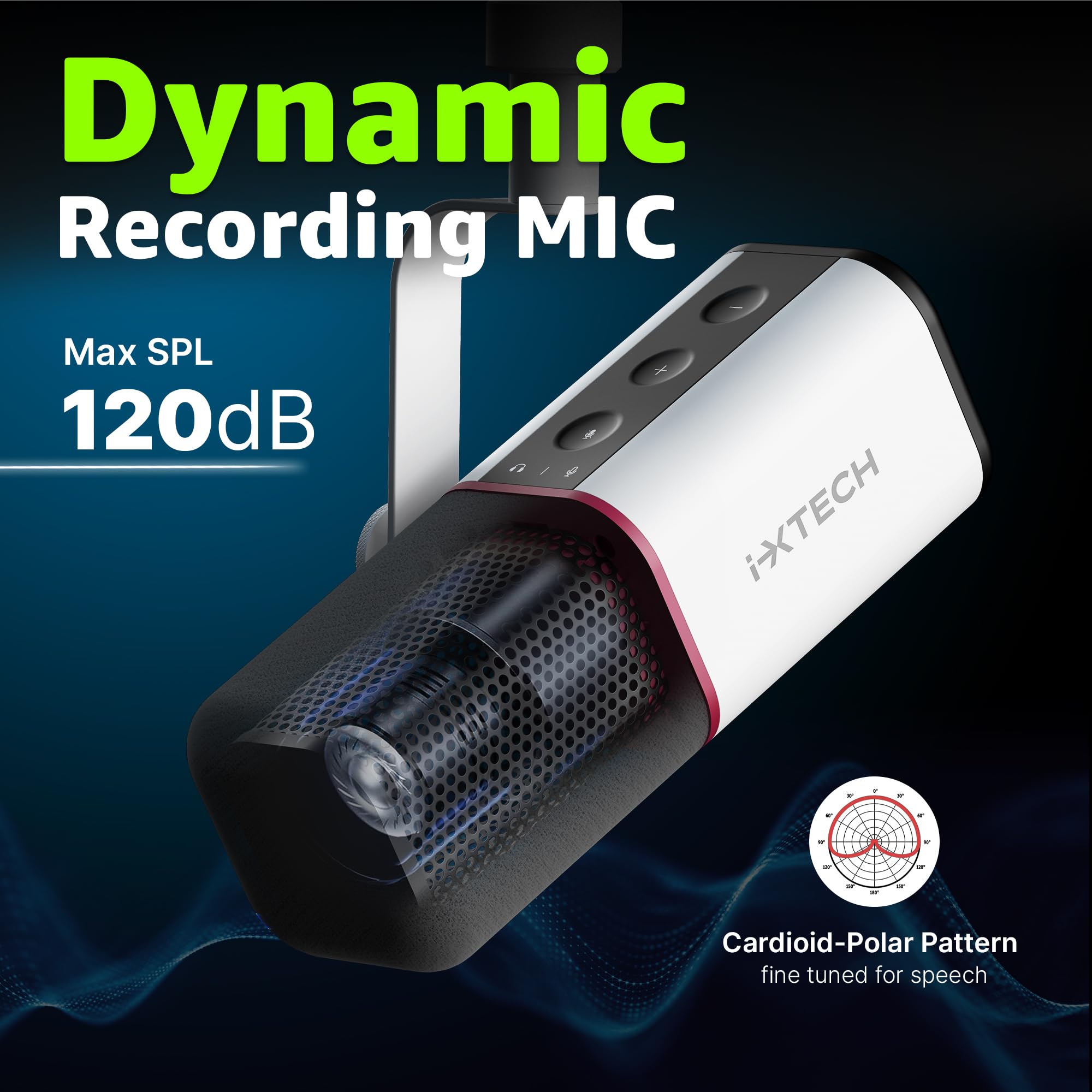 IXTECH Microfono dinamico cardioide con copertura per microfono, microfono vocale USB XLR per podcasting, streaming, registrazione, gioco e voice-over (bianco)