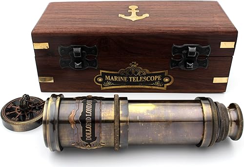 Miniatura 1 de Telescopio náutico vintage de latón de mano de 14 pulgadas con caja de madera - Telescopio náutico Capitán Spyglass