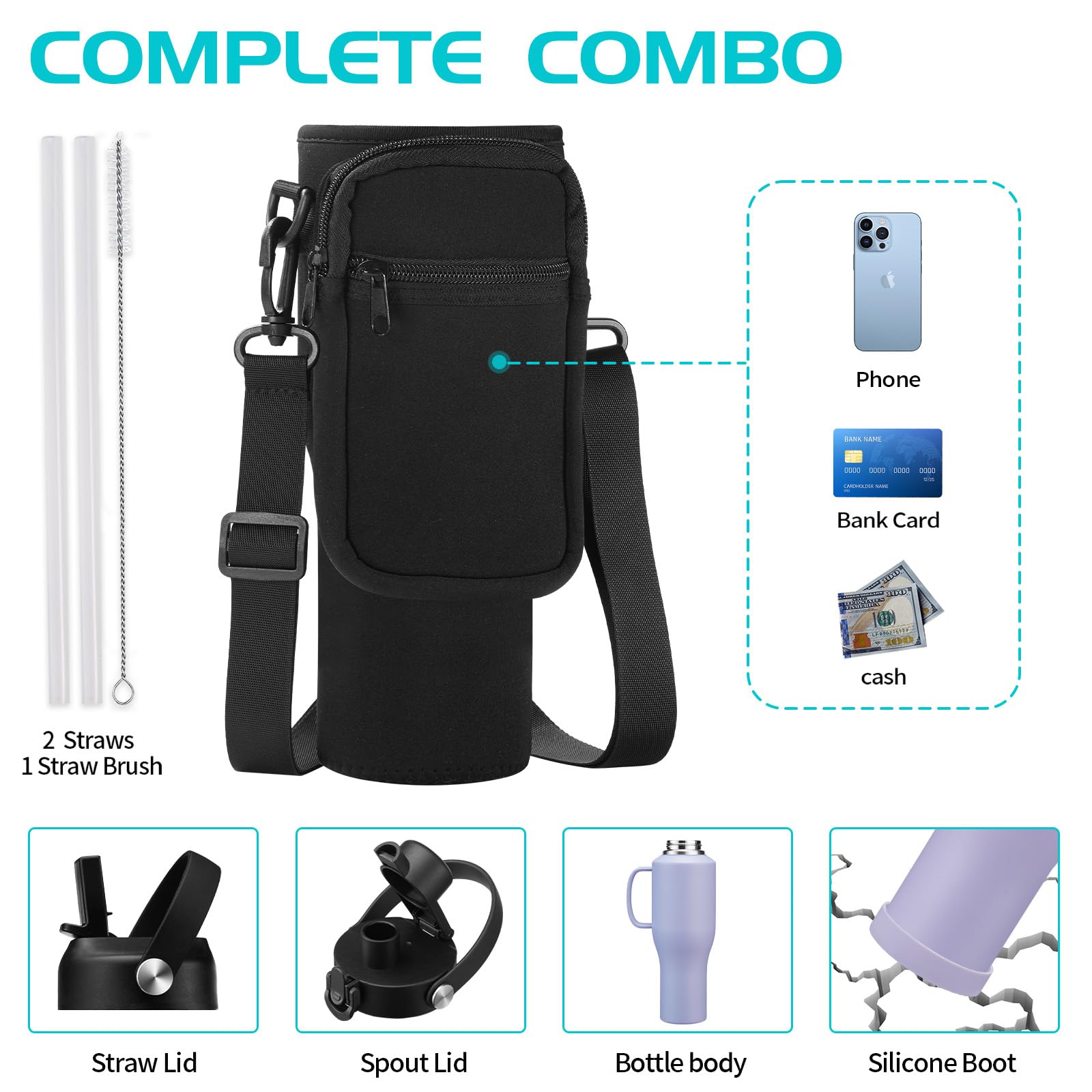 Vaso de 40 onzas con asa, botella de agua aislada con popote, tapa de boquilla automática, bolsa de transporte, termo de metal morado, taza de café de viaje para portavasos de automóvil,