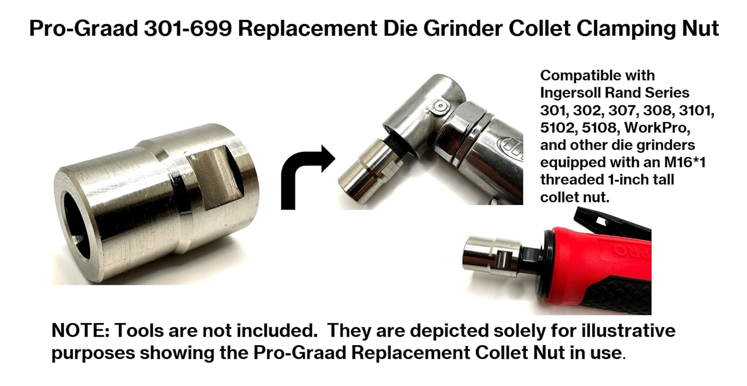 301-699 Replacement Die Grinder Collet Clamping Nut Compatible Fit Ingersoll Rand 301, 302, 307, 308, 3101, 5102, 5108, WorkPro, Dewalt & Others with M16*1 Thread, 1" Tall Cap