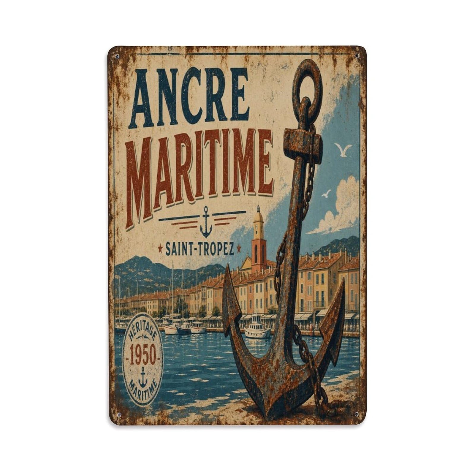 France Harbor Maritime Retro Fishing Village Metal Tin Sign Plaque Wall Decor for Cafe, Man Cave, Club Bar, Office, Home Garden Round Metal Poster 8x12Inch