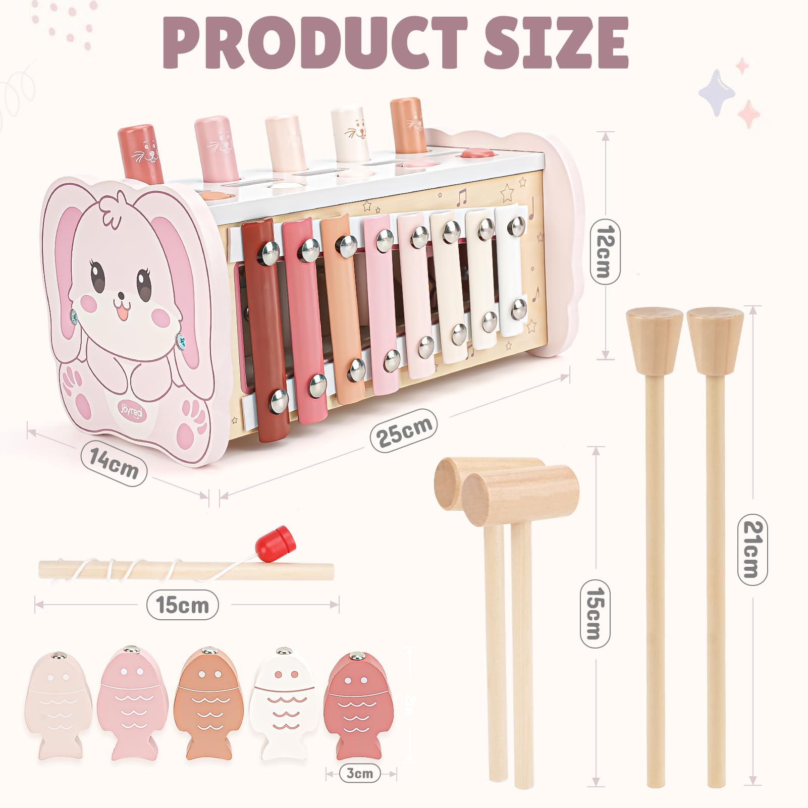 Joyreal Jeux Montessori 1 an - 4 en 1 Xylophone Bebe, Jeu Pêche, Jeu Marteau, Jouet en Bois, Motricité Bébé, Jeux Educatif Jouet d'Éveil Cadeau Anniversaire 1 2 3 Ans Fille Garcon