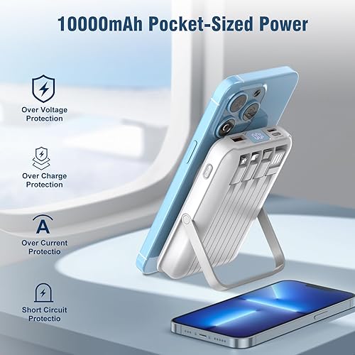 Miniatura 6 de Cargador portátil inalámbrico de 10000 mAh, banco de energía magnético con cables incorporados pantalla LED, carga rápida PD de 22.5 W para batería