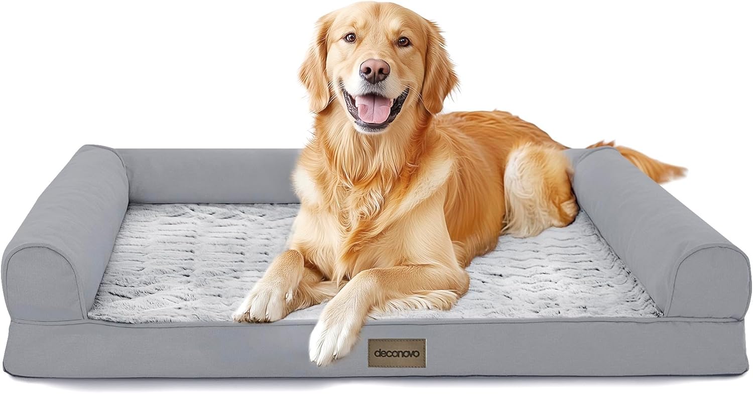 Deconovo Sofa Dog Bed with C-Shape Bolster, Supportive Eggrate Foam, PV Velvet Top, Anti-Slip Waterproof Bottom, Zippered Washable Cover, Large Dogs & XL Options, Grey, 42x31x8 Inches
