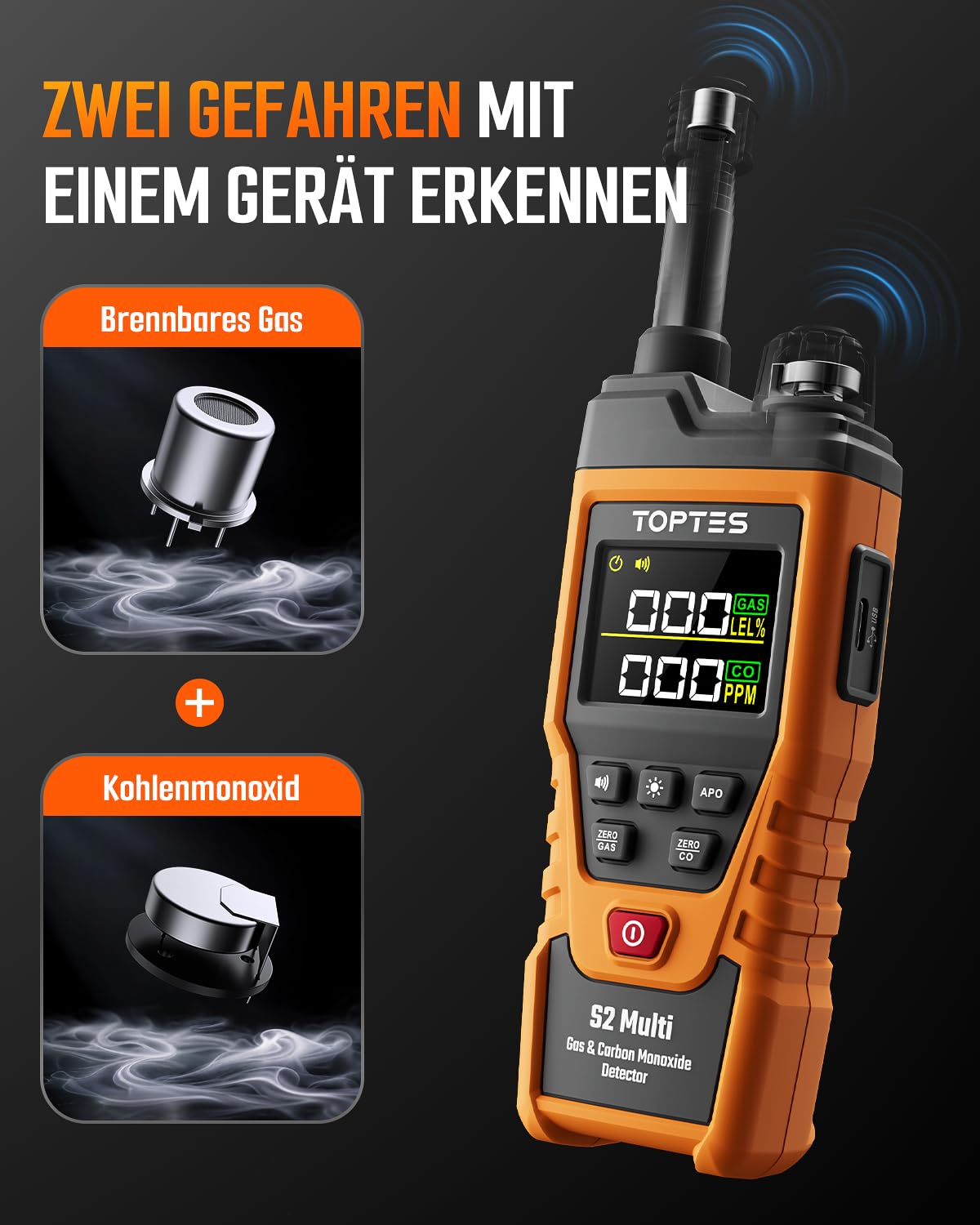 TopTes S2 Multi Gasmelder & Kohlenmonoxid Melder für Erdgas (Orange)