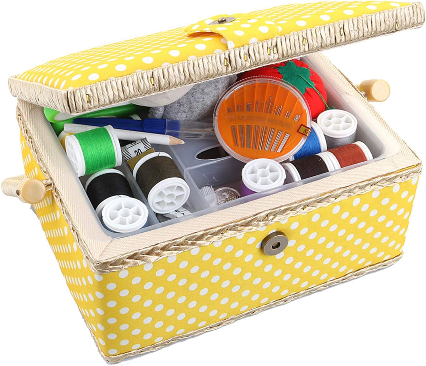 SewKit | Large Sewing Basket Organizer with Complete Sewing Kit Accessories Included | Wooden Sewing Basket Kit with Removable Tray and Tomato Pincushion for Sewing Mending | Yellow | 220.18