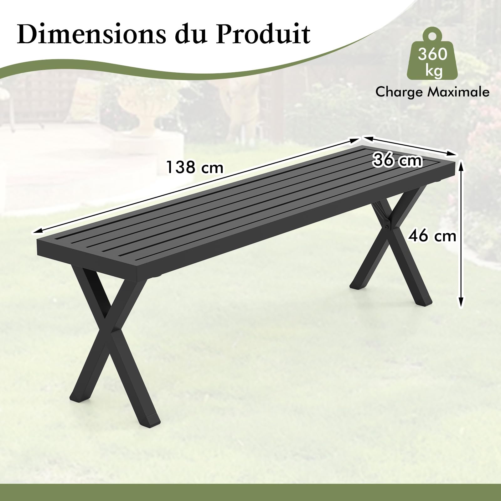 COSTWAY Banc de Jardin, Banquette 2 Places, 138 x 36 x 46 cm, Charge 360 kg, Banc Exterieur Jardin, Siège à Lattes, Pieds en X, Coussinets Antidérapants, pour Terrasse Porche Entrée