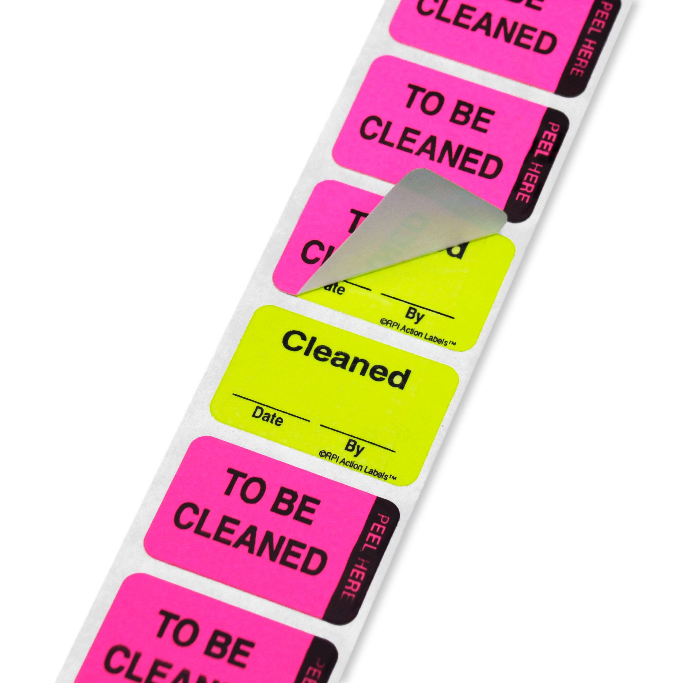 ChromaLabel 1 x 1.50 Inch Fluorescent Pink and Yellow Double Layer Quality Control Label, 250 per Dispenser Box, Imprinted: to Be Cleaned, Cleaned