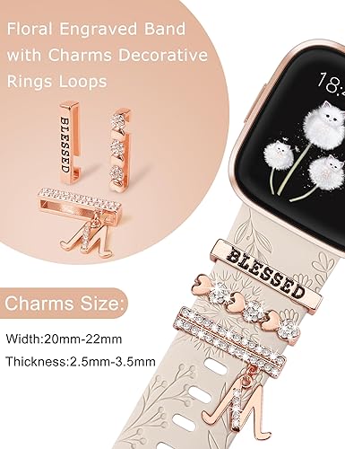 Miniatura 3 de Minyee Correa con dije grabado floral compatible con Fitbit Versa 2Fitbit VersaVersa Lite bandas para mujer, anillo decorativo brillante de silicona