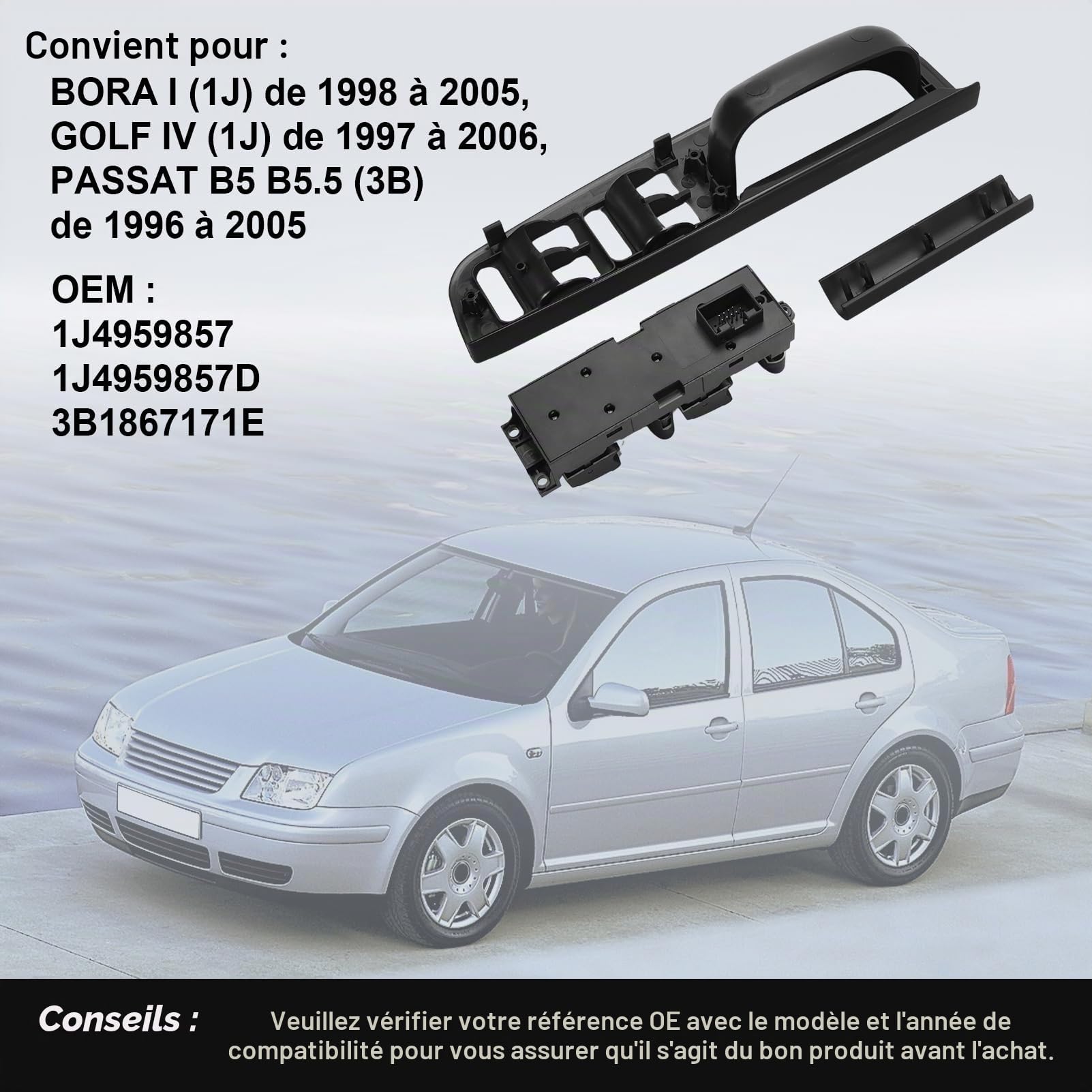 Interrupteur lève-vitre pour Golf, Je.tta, Bora MK4, Passat B5/B5.5 | pour Leon Toledo, électrique gauche à 9 broches avec plaque noire, 1J4959857, 1J4959857B, 1J4959857D, 3B1867171E