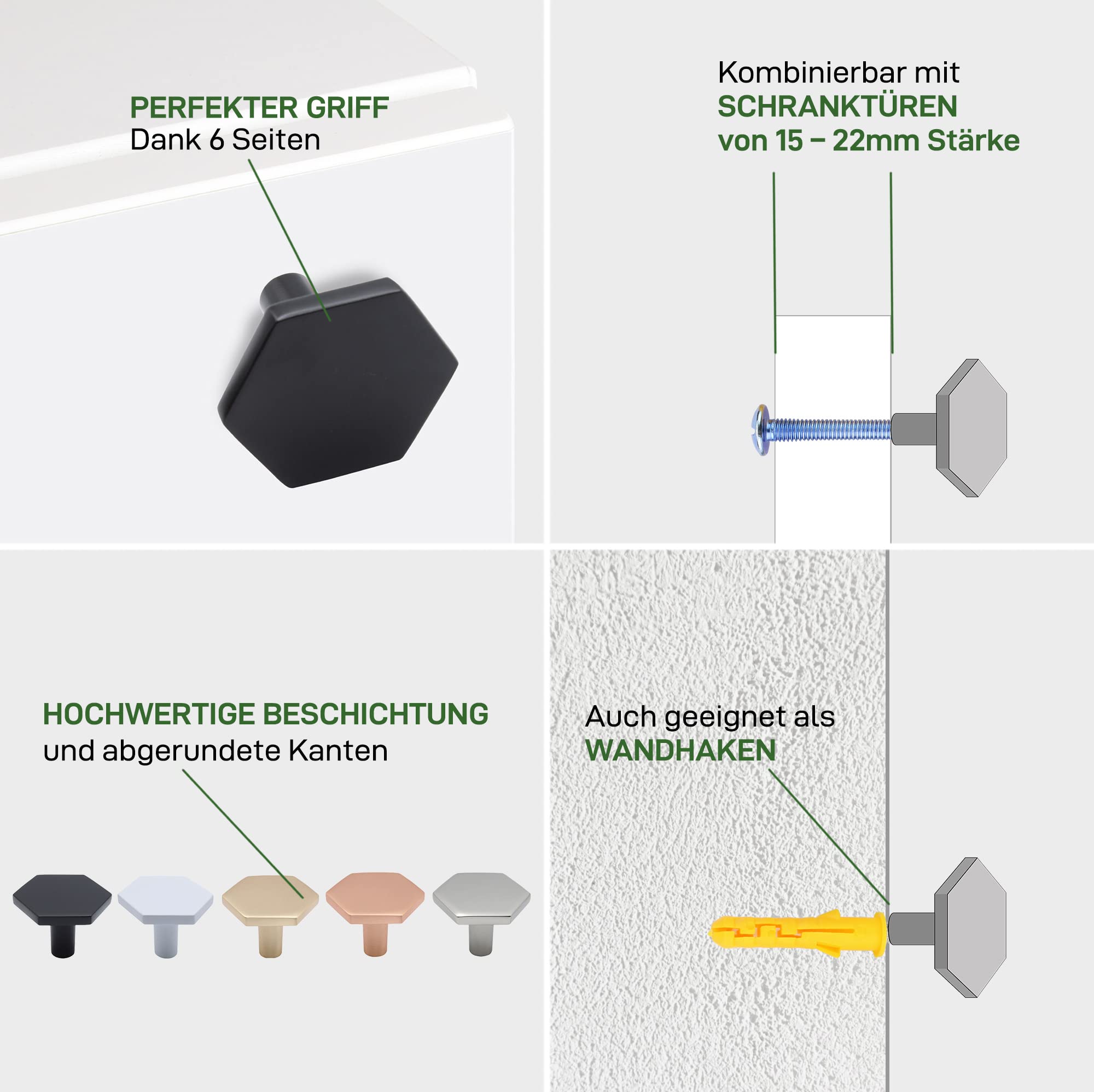Natural Goods Berlin HEXAGON - Pomelli in metallo spazzolato per mobili, per porte, armadi, credenze, credenze, cassetti, da parete, con accessori di montaggio (10, nero)