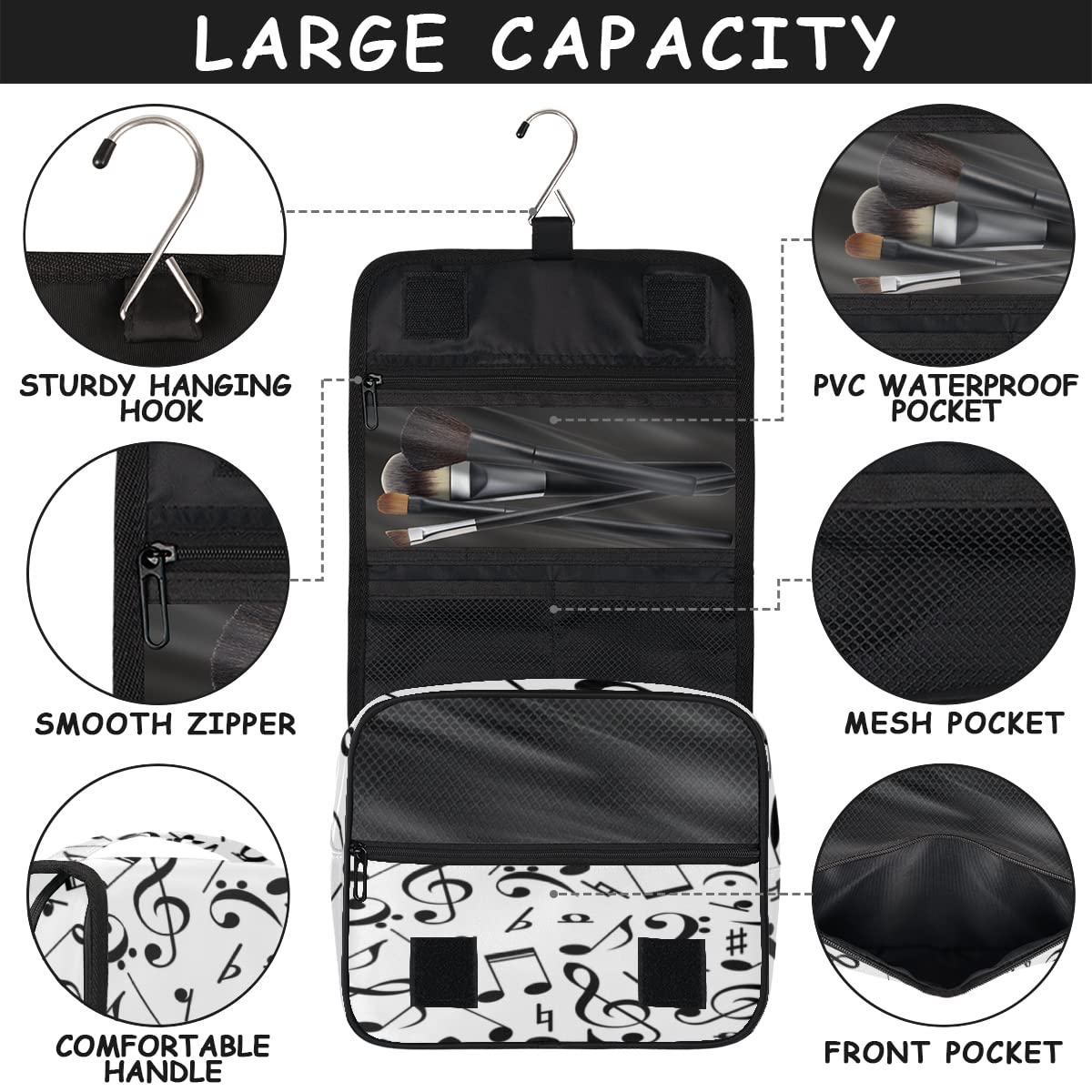 Nuty Muzyka Podróżna Kosmetyczka Czarne Nuty Mycie Torba Unisex Wiszące przybory toaletowe Kosmetyczka Organizer do makijażu, wielobarwny, Jeden rozmiar