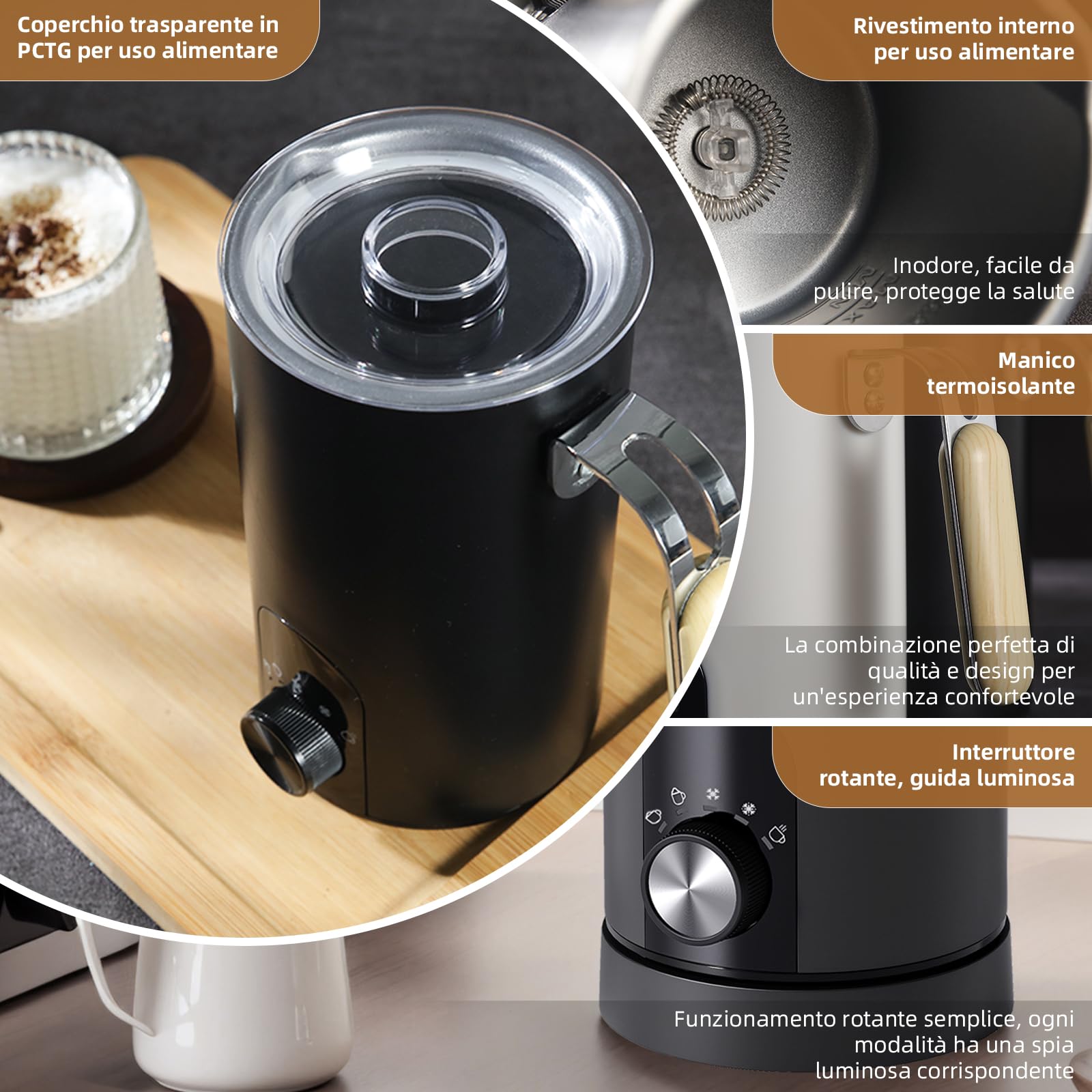 Jianyana Montalatte elettrico 5 in 1 – Montalatte automatico 350 ml grande capacità (nero)