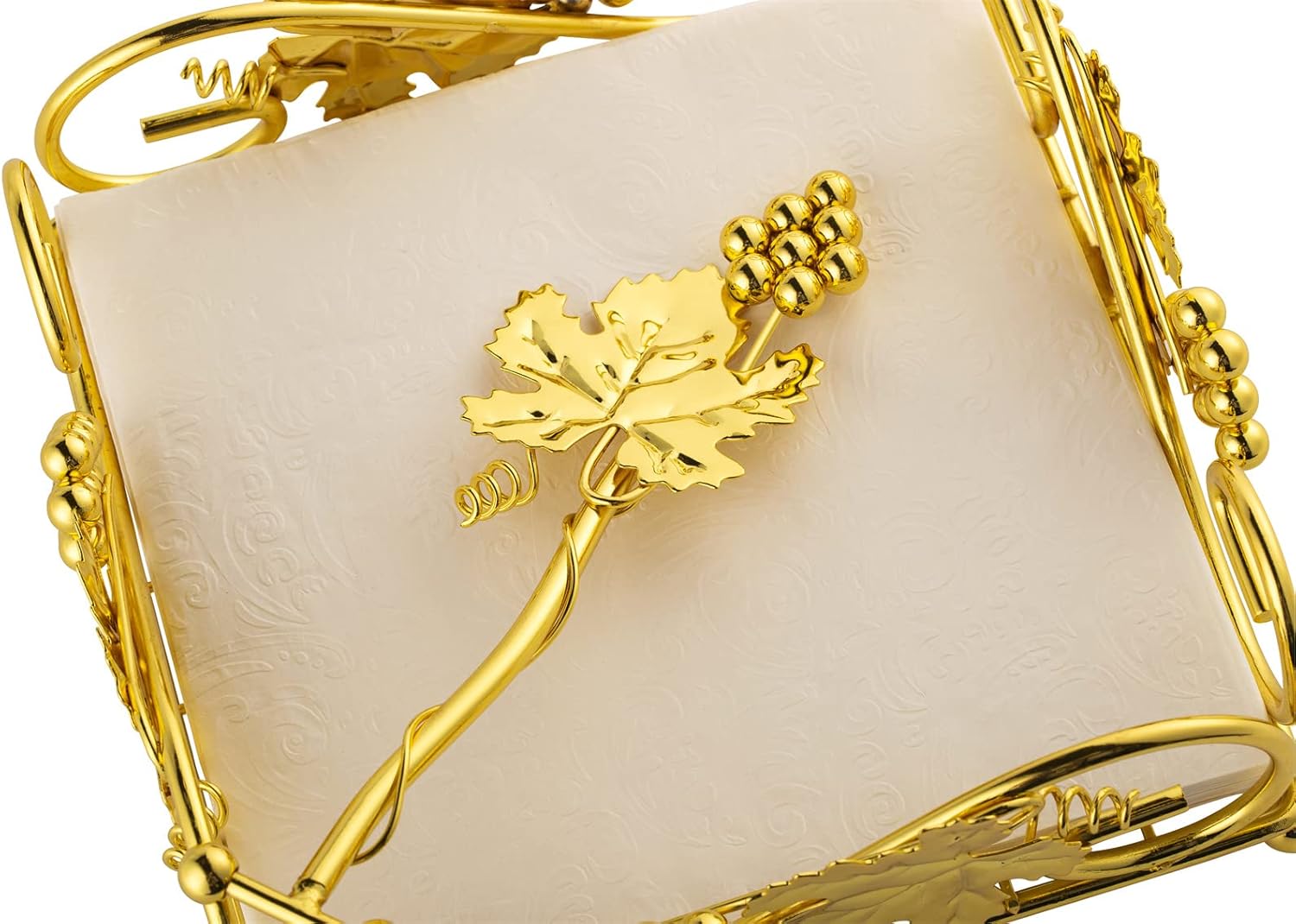 Flat Napkin Holder for Table Gold With Weight Arm for Kitchen Courtertops Dinning Table Grape Leaf Modern Tissue Dispenser Stainless Steel Gilding (7" L X 7" W X 2.5" H)