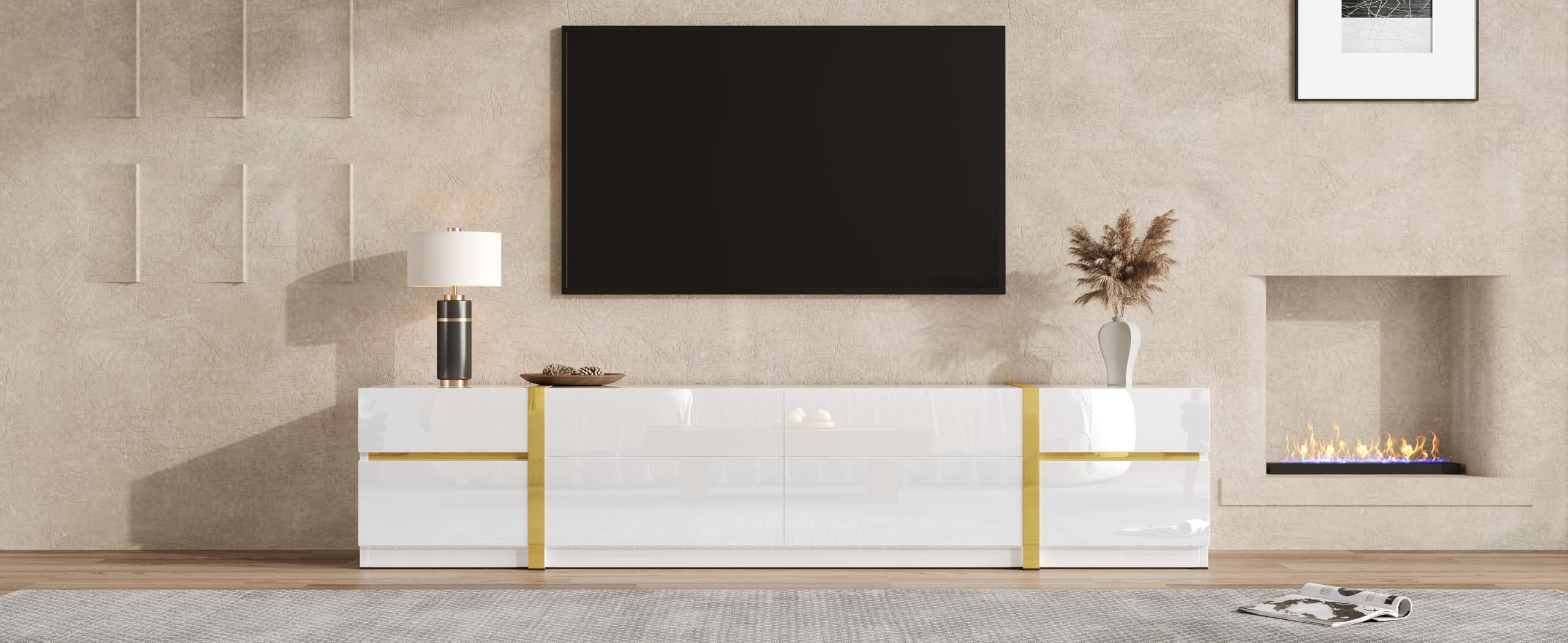 Meuble bas blanc brillant avec accents dorés - Meuble TV bas avec 4 tiroirs et 2 portes - Meuble TV pour grands téléviseurs - Buffet TV moderne pour salon - 180 cm