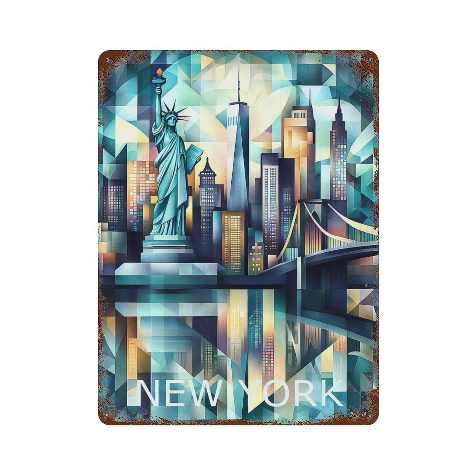 Rust Effect New York Geometric Skyline Art - Statue of Liberty Cityscape Weathered Tin Sign 15.7"x11.8", Shabby Chic Decor for Patio, Garden Room And Bar Decor