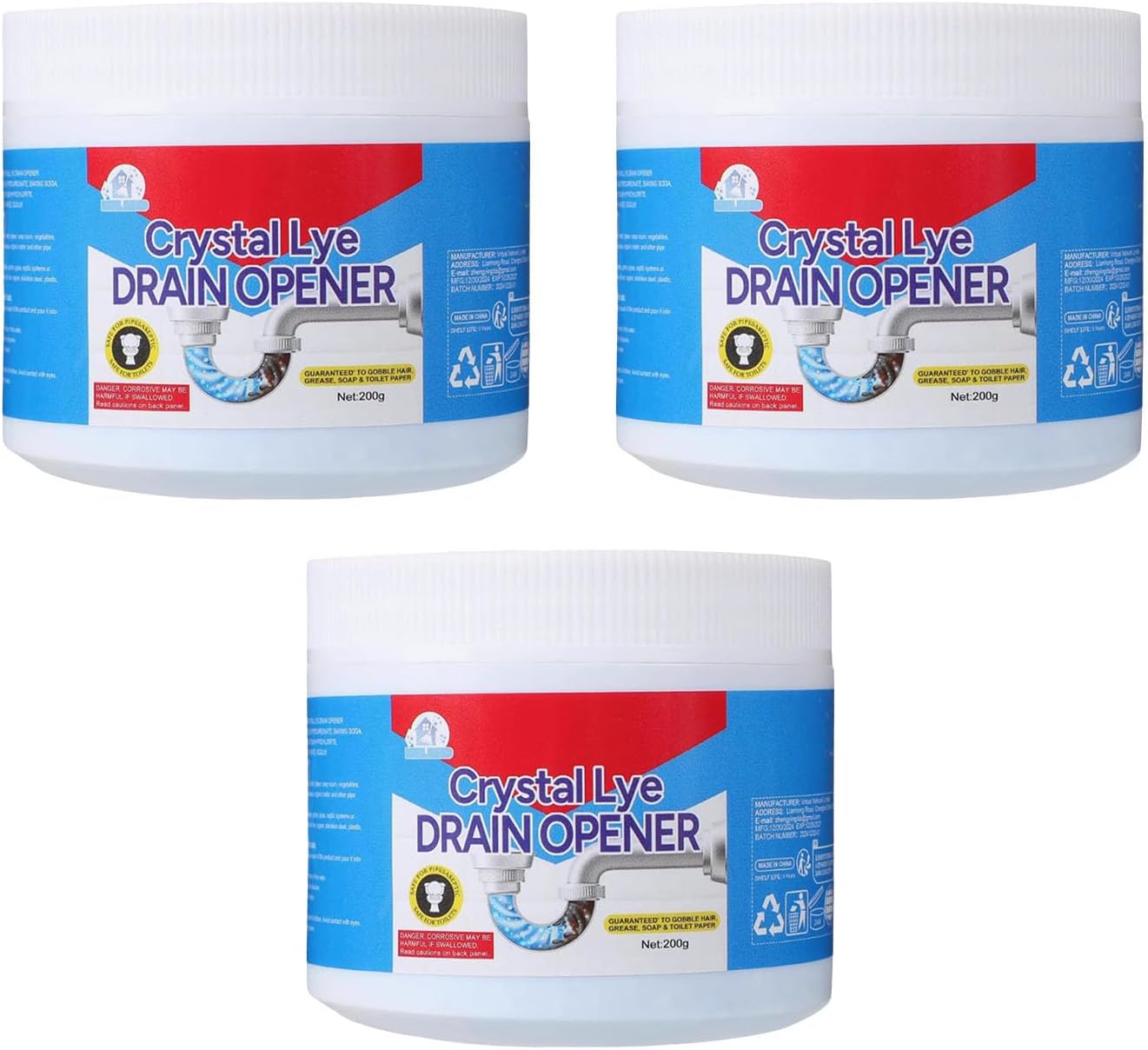 Crystal Lye Drain Opener, 3 Pack 200g Drain Clog Remover, Powerful ...