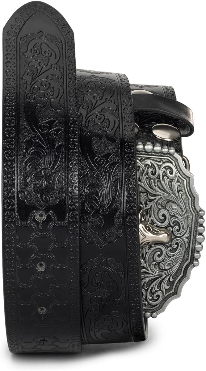 Western-Cowboy-Retro-Belt with Bull-Buckle, Floral Engraved Leather Cowgirl Belt for Jeans Pants