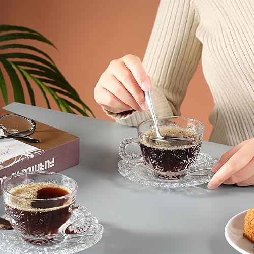 Miniatura 6 de Juego de 6 tazas de té y platillos de vidrio, tazas de café vintage con cuchara de acero inoxidable, aptas para lavavajillas y microondas, para jugo