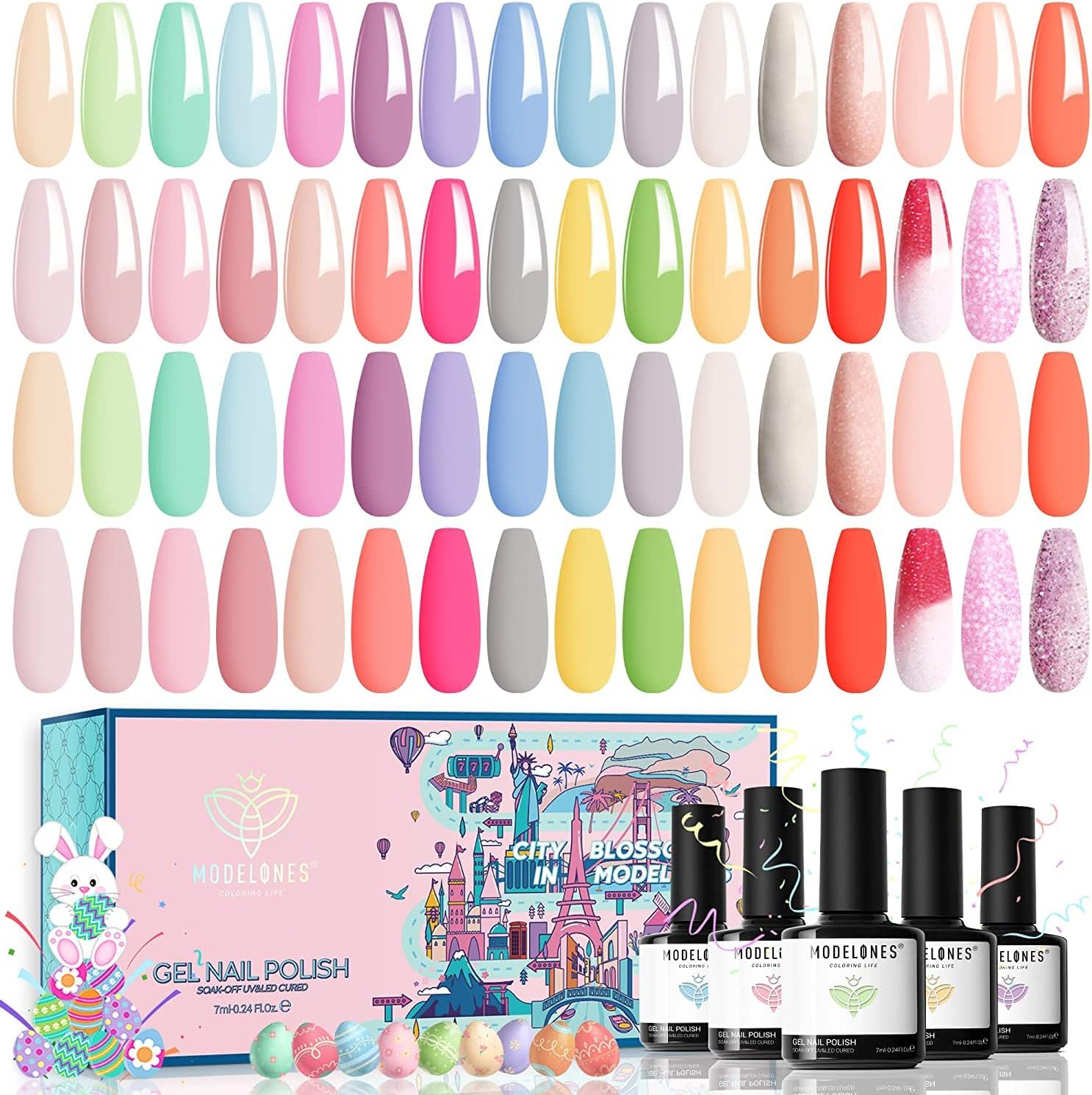 modelonesGel Nail Polishes, 36 Pcs Pastel Gel Nail Polish Soak Off Summer Bright Gel Polish Glitter Gel Nail Kit Starter Manicure with Nail Primer Matte Glossy Top Base Coat Gift for Women