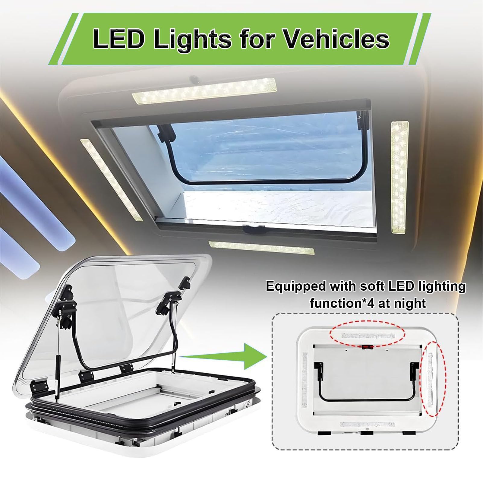 Okno dachowe do kampera z diodami LED, siatkami i siłownikiem gazowym – akrylowe okno dachowe odporne na promieniowanie UV (pasuje do dachów o grubości 25–60 mm) 50 * 50cm/19.69 * 19.69in