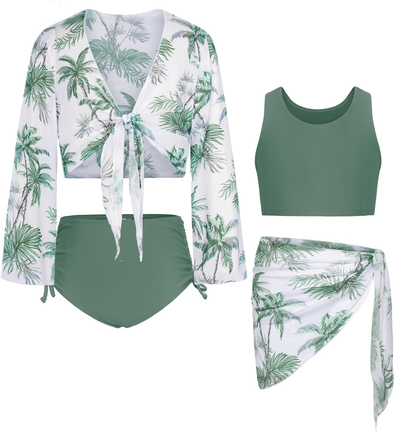 GRACE KARIN Girls Bathing Suit Adjustable Taniki Swimsuit Tie Front 4 Piece Bikini Set with Kimono Cover Up 6-14